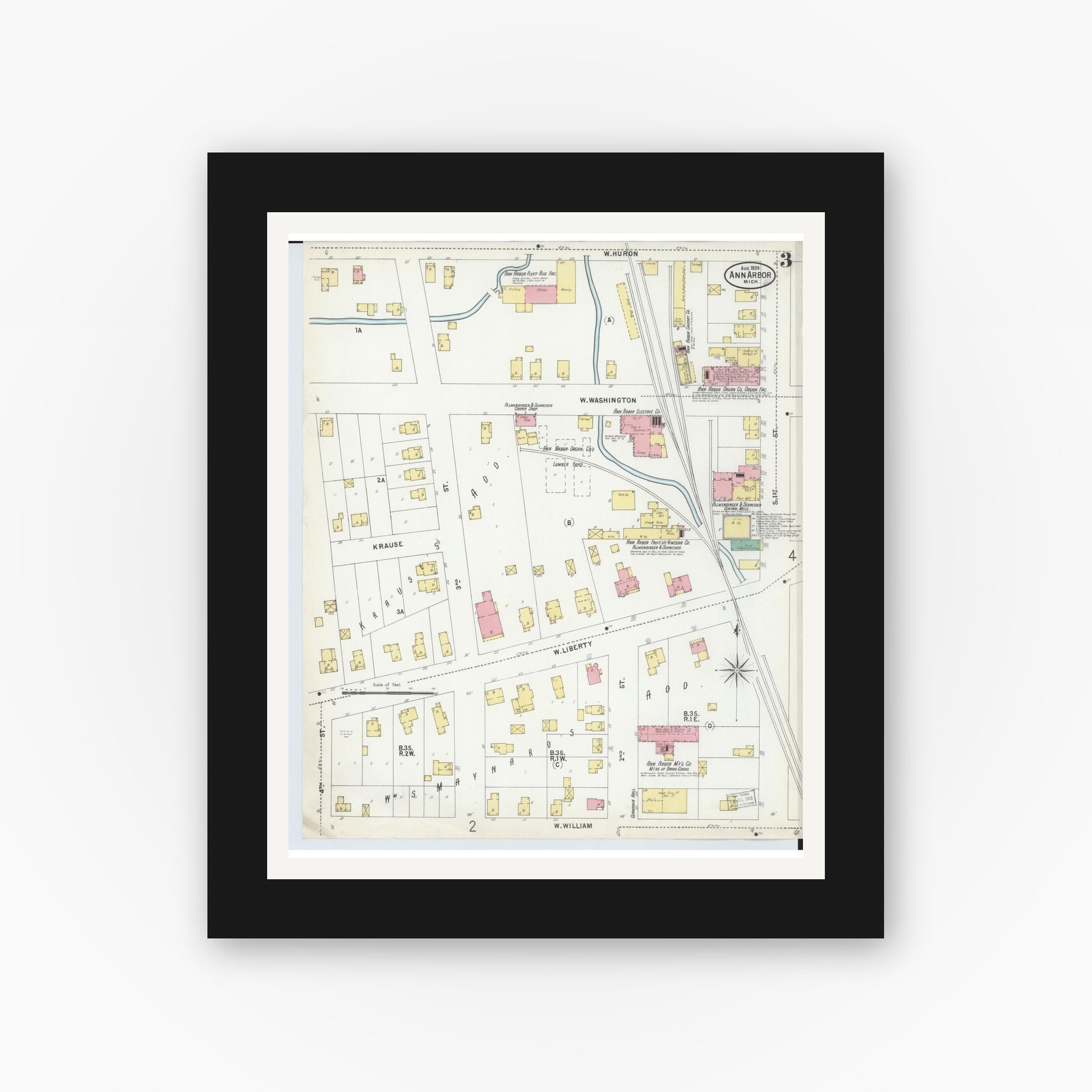 Old map wall art mockup — black gallery frame with white mat — Sanborn Fire Insurance Map from Ann Arbor, Washtenaw County, Michigan (1899), Sheet #0003