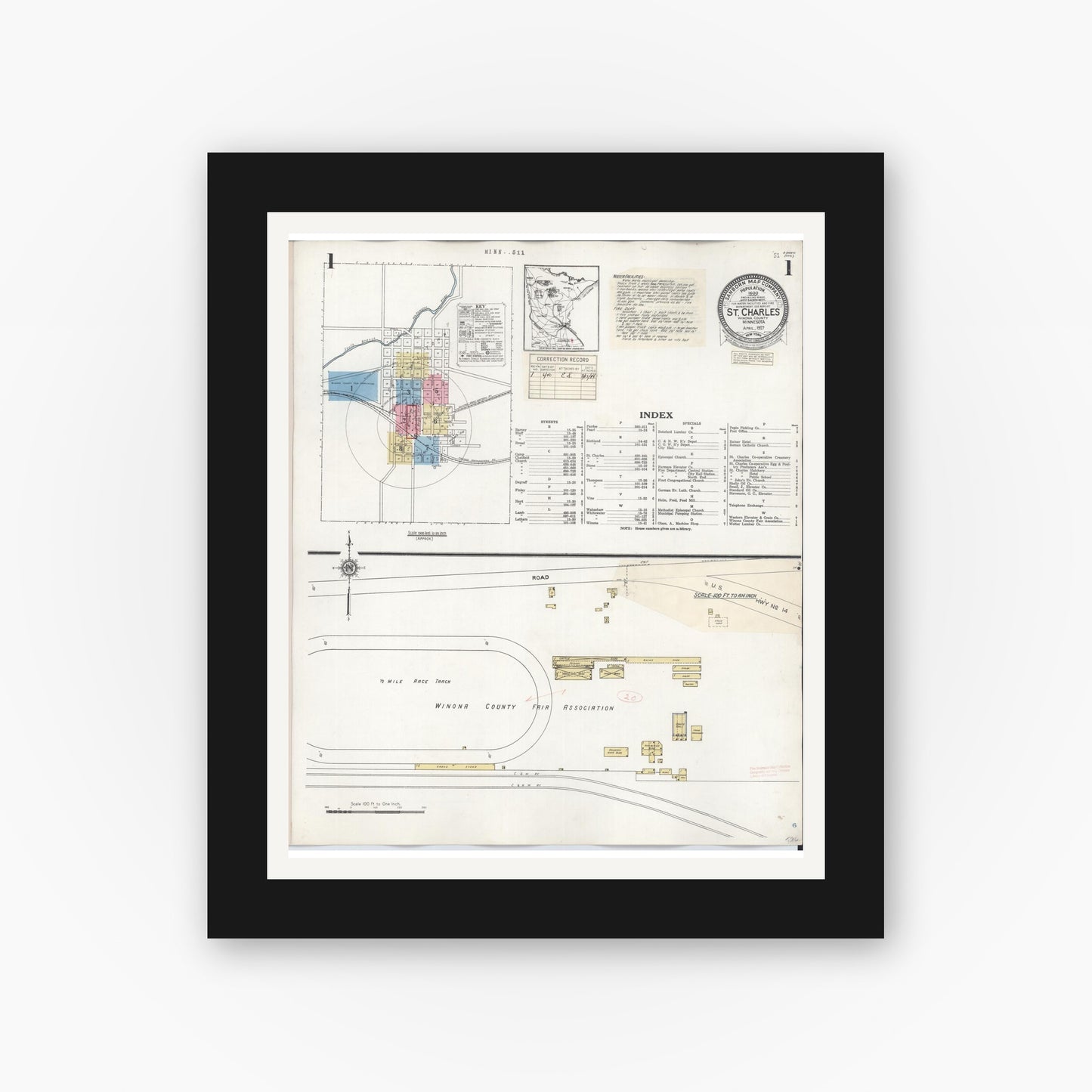 Old map wall art mockup — black gallery frame with white mat — Sanborn Fire Insurance Map from Saint Charles, Winona County, Minnesota (1940), Sheet #0001