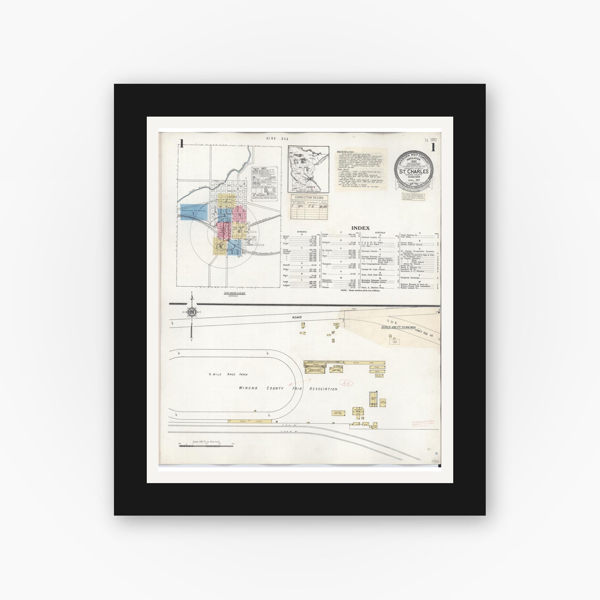 Old map wall art mockup — black gallery frame with white mat — Sanborn Fire Insurance Map from Saint Charles, Winona County, Minnesota (1940), Sheet #0001