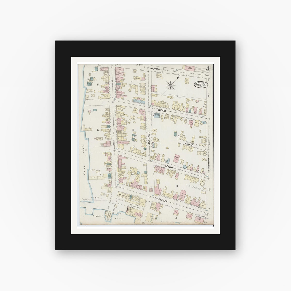 Old map wall art mockup — black gallery frame with white mat — Sanborn Fire Insurance Map from Bristol, Bucks County, Pennsylvania (1886), Sheet #0003