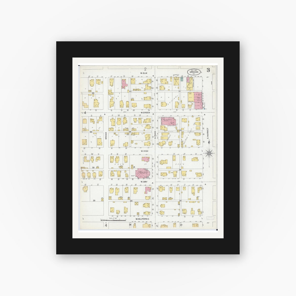 Old map wall art mockup — black gallery frame with white mat — Sanborn Fire Insurance Map from Urbana, Champaign County, Illinois (1902), Sheet #0003