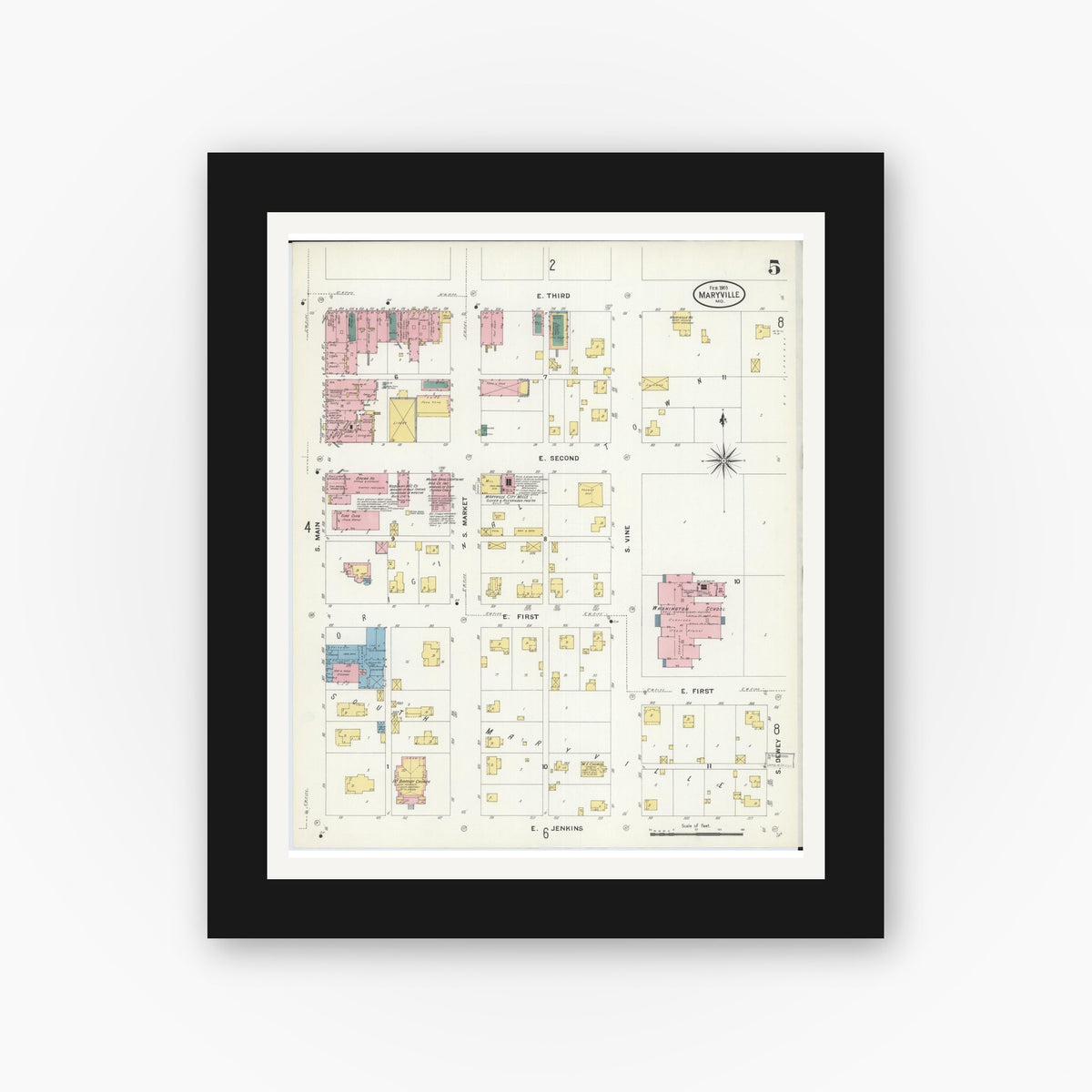 Old map wall art mockup — black gallery frame with white mat — Sanborn Fire Insurance Map from Maryville, Nodaway County, Missouri (1909), Sheet #0005