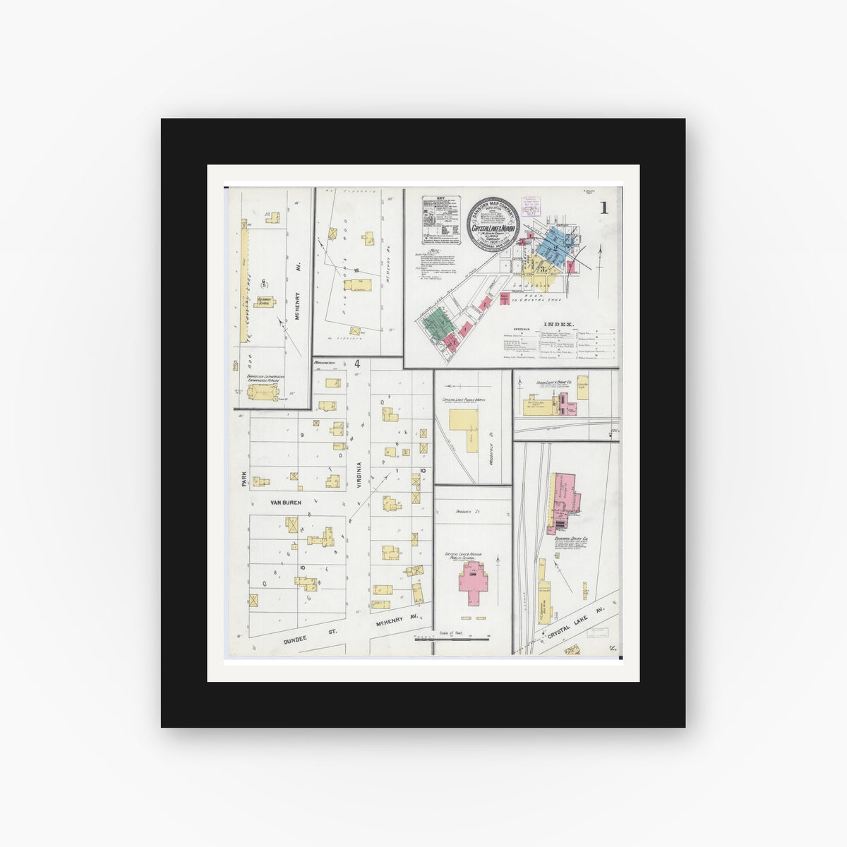 Old map wall art mockup — black gallery frame with white mat — Sanborn Fire Insurance Map from Crystal Lake, McHenry County, Illinois (1905), Sheet #0001