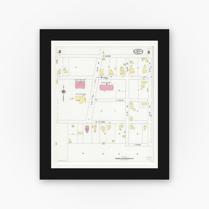 Old map wall art mockup — black gallery frame with white mat — Sanborn Fire Insurance Map from Lake City, Columbia County, Florida (1924), Sheet #0008