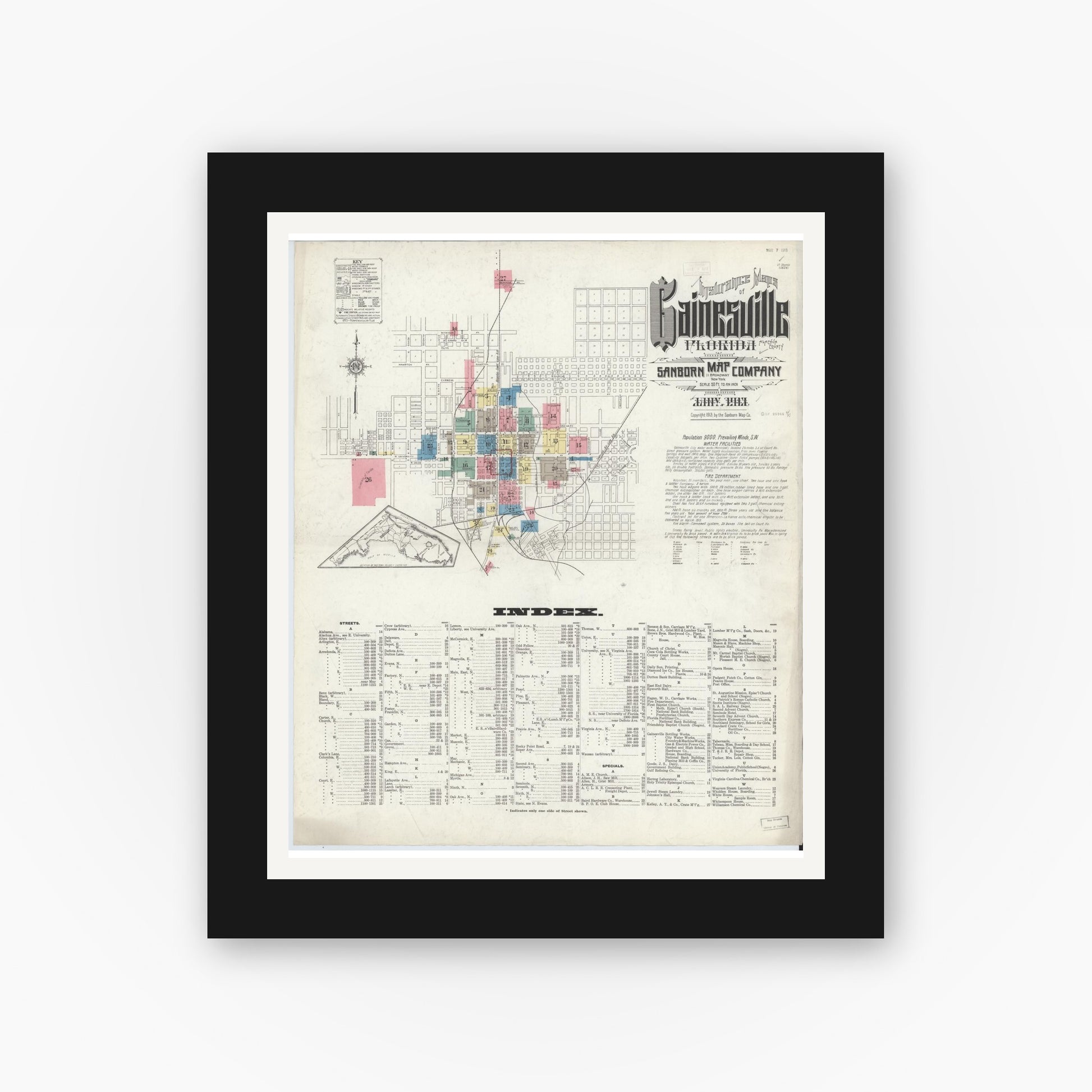 Old map wall art mockup — black gallery frame with white mat — Sanborn Fire Insurance Map from Gainesville, Alachua County, Florida (1913), Sheet #0001