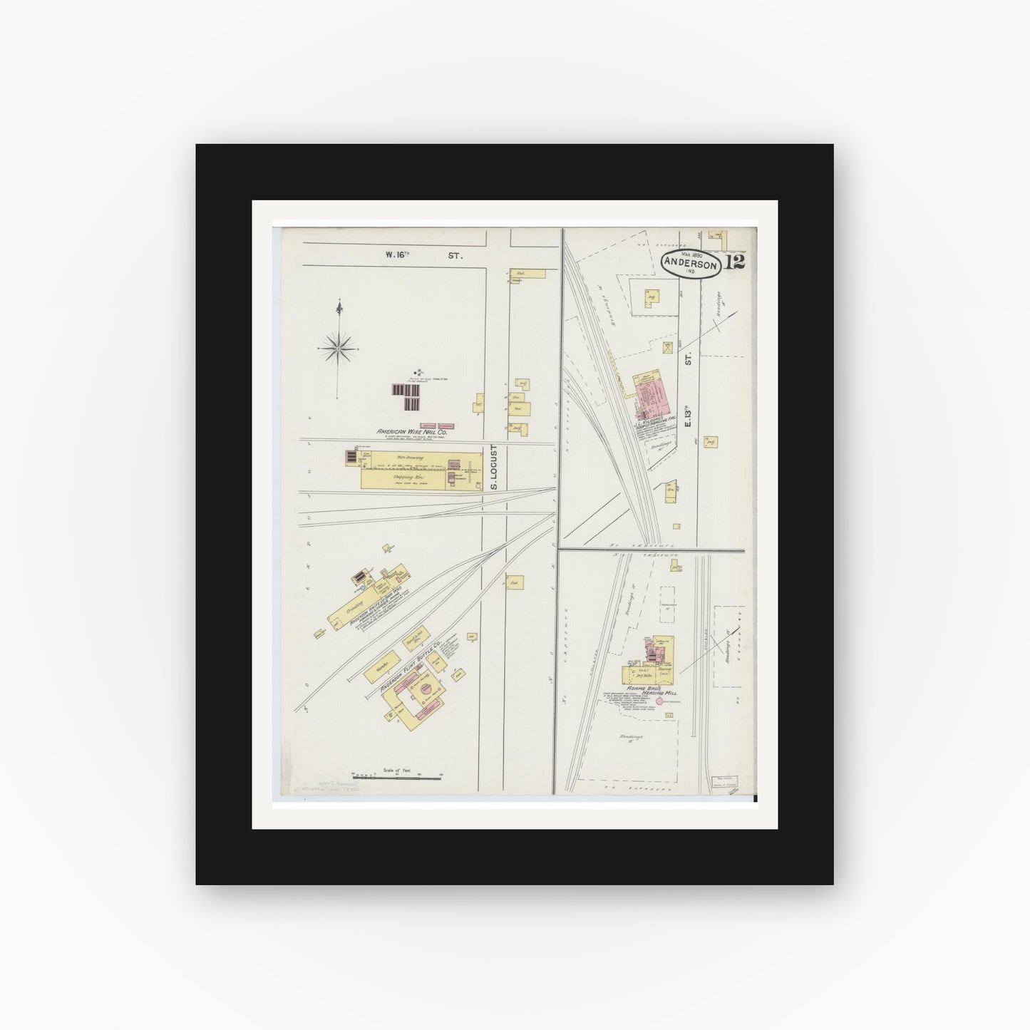 Old map wall art mockup — black gallery frame with white mat — Sanborn Fire Insurance Map from Anderson, Madison County, Indiana (1890), Sheet #0012