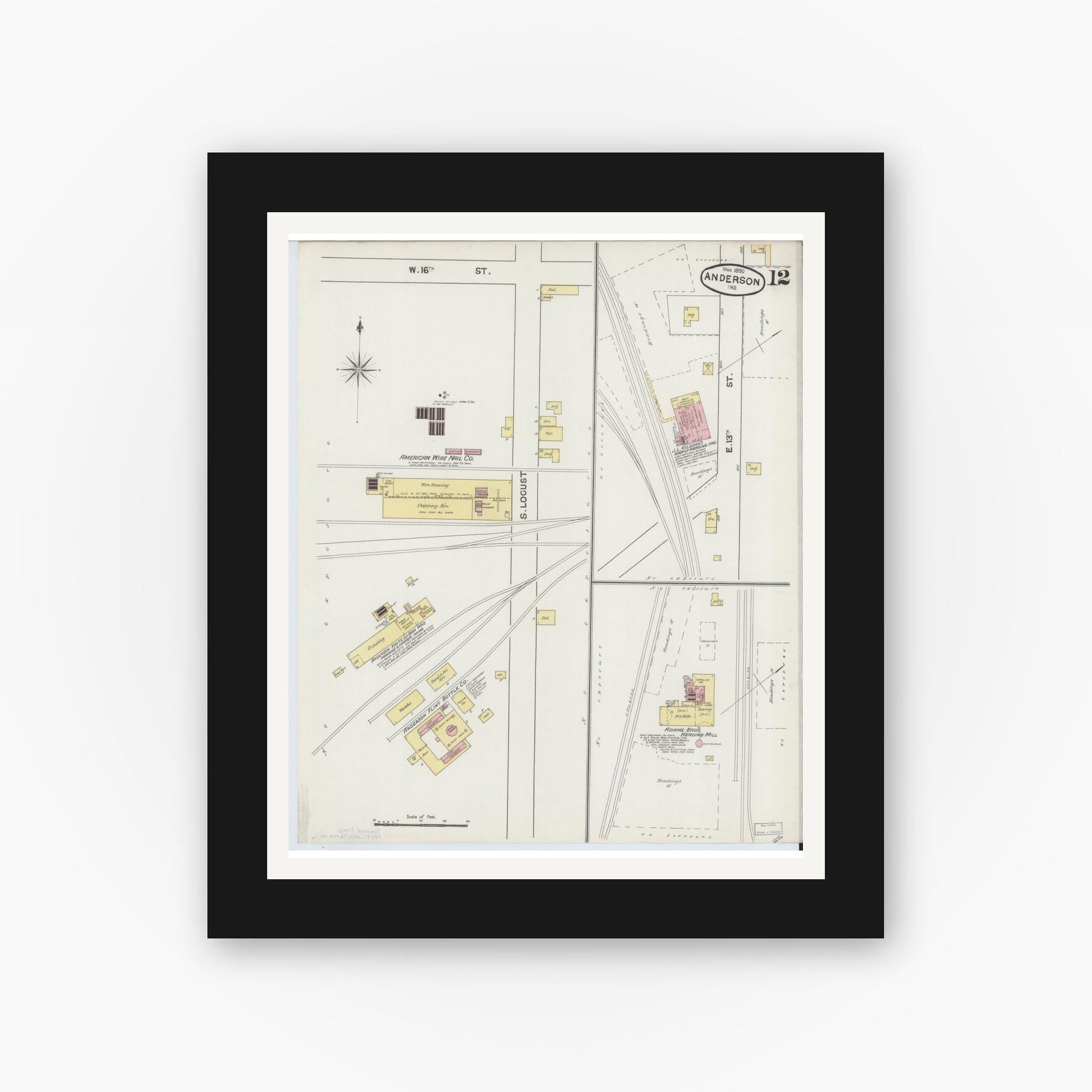 Old map wall art mockup — black gallery frame with white mat — Sanborn Fire Insurance Map from Anderson, Madison County, Indiana (1890), Sheet #0012