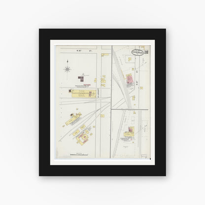 Old map wall art mockup — black gallery frame with white mat — Sanborn Fire Insurance Map from Anderson, Madison County, Indiana (1890), Sheet #0012