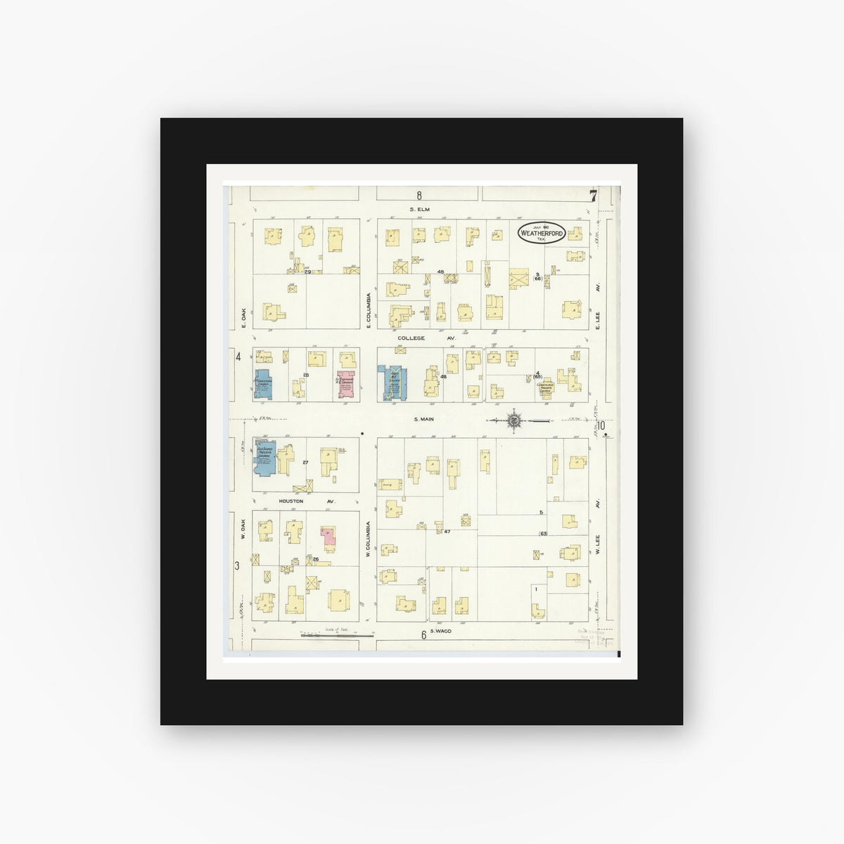 Old map wall art mockup — black gallery frame with white mat — Sanborn Fire Insurance Map from Weatherford, Parker County, Texas (1910), Sheet #0007