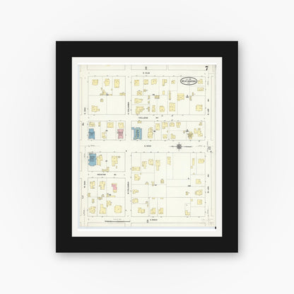 Old map wall art mockup — black gallery frame with white mat — Sanborn Fire Insurance Map from Weatherford, Parker County, Texas (1910), Sheet #0007