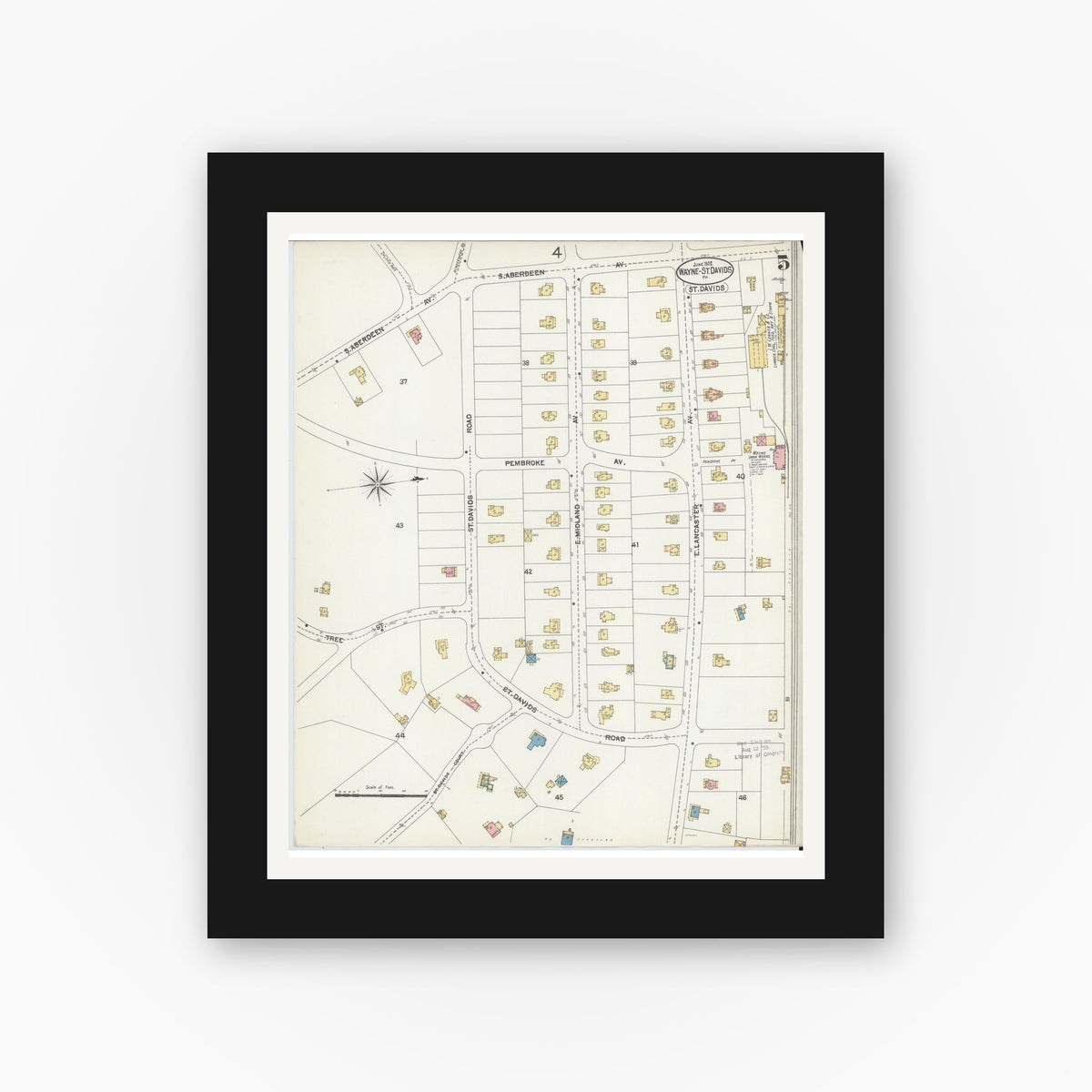 Old map wall art mockup — black gallery frame with white mat — Sanborn Fire Insurance Map from Wayne, Delaware County, Pennsylvania (1902), Sheet #0005