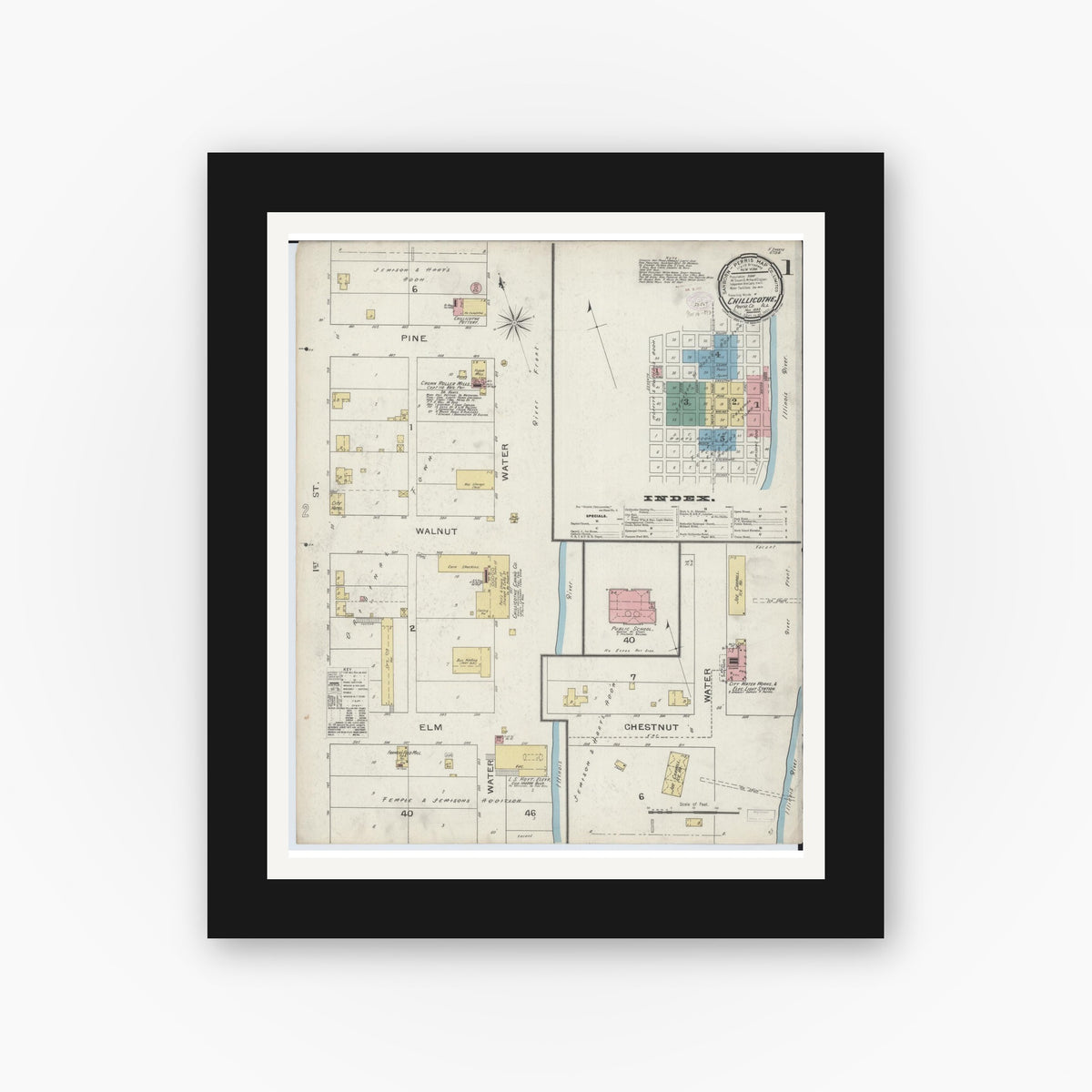 Old map wall art mockup — black gallery frame with white mat — Sanborn Fire Insurance Map from Chillicothe, Peoria County, Illinois (1893), Sheet #0001