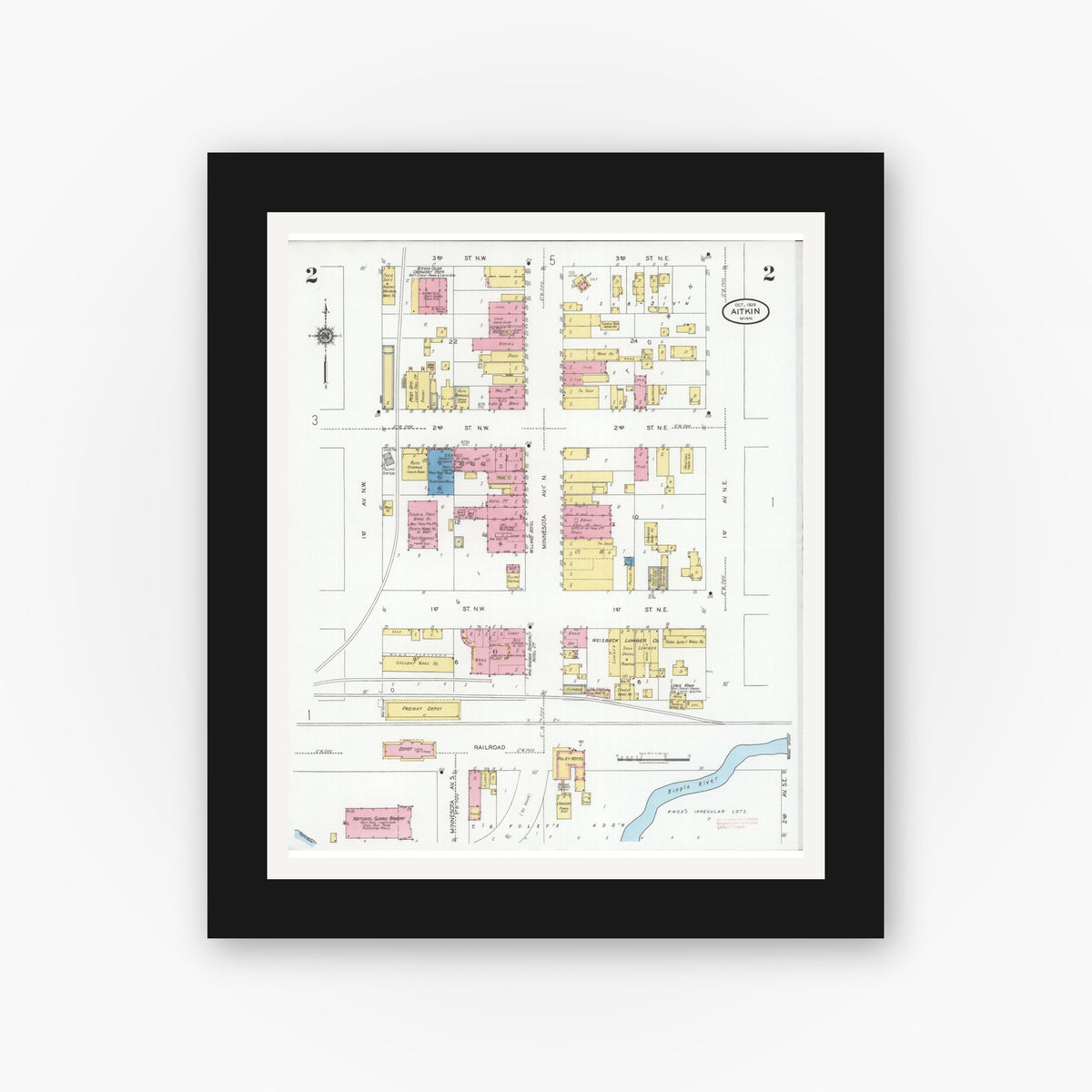 Old map wall art mockup — black gallery frame with white mat — Sanborn Fire Insurance Map from Aitkin, Aitkin County, Minnesota (1929), Sheet #0002