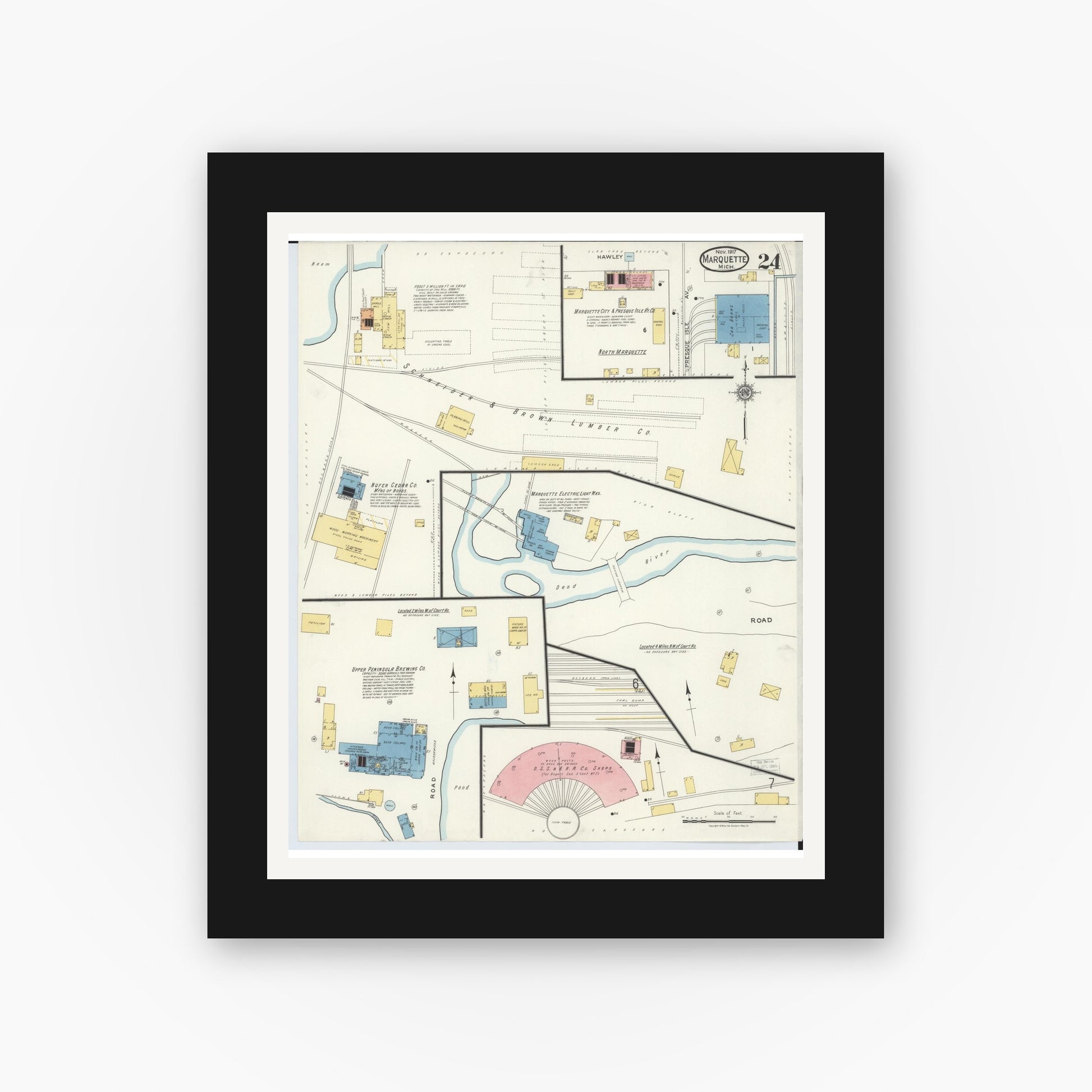 Old map wall art mockup — black gallery frame with white mat — Sanborn Fire Insurance Map from Marquette, Marquette County, Michigan (1917), Sheet #0024