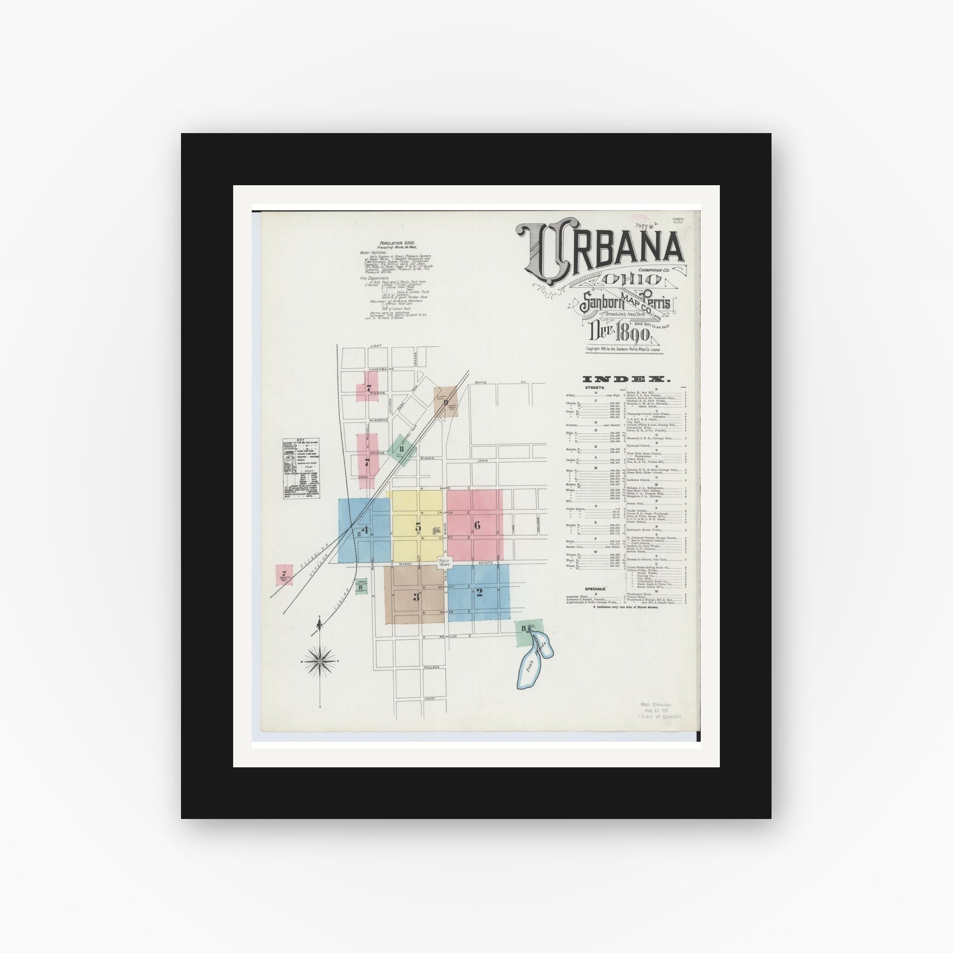 Old map wall art mockup — black gallery frame with white mat — Sanborn Fire Insurance Map from Urbana, Champaign County, Ohio (1890), Sheet #0001