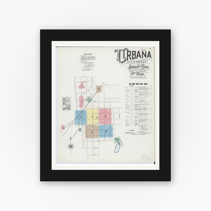Old map wall art mockup — black gallery frame with white mat — Sanborn Fire Insurance Map from Urbana, Champaign County, Ohio (1890), Sheet #0001