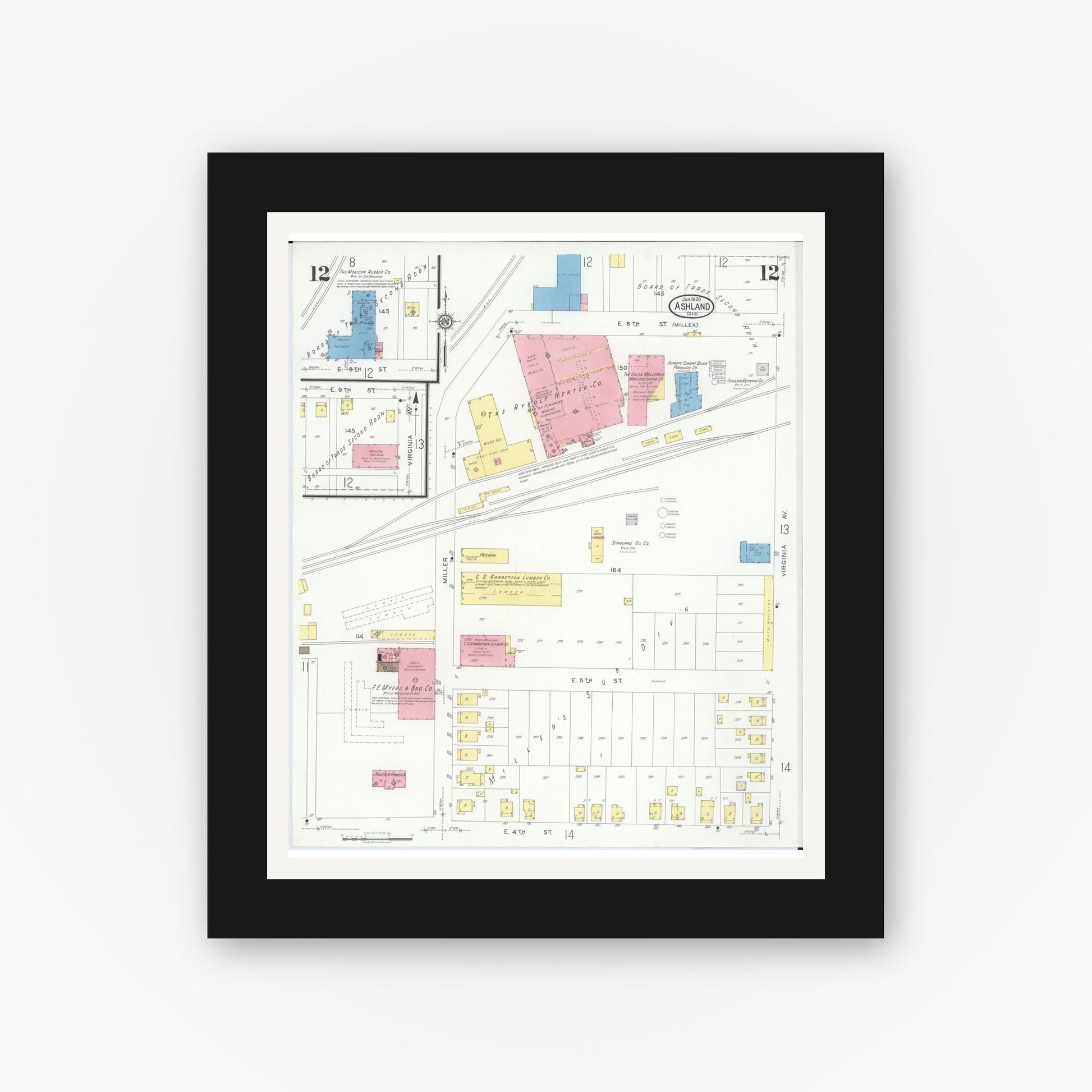 Old map wall art mockup — black gallery frame with white mat — Sanborn Fire Insurance Map from Ashland, Ashland County, Ohio (1930), Sheet #0012