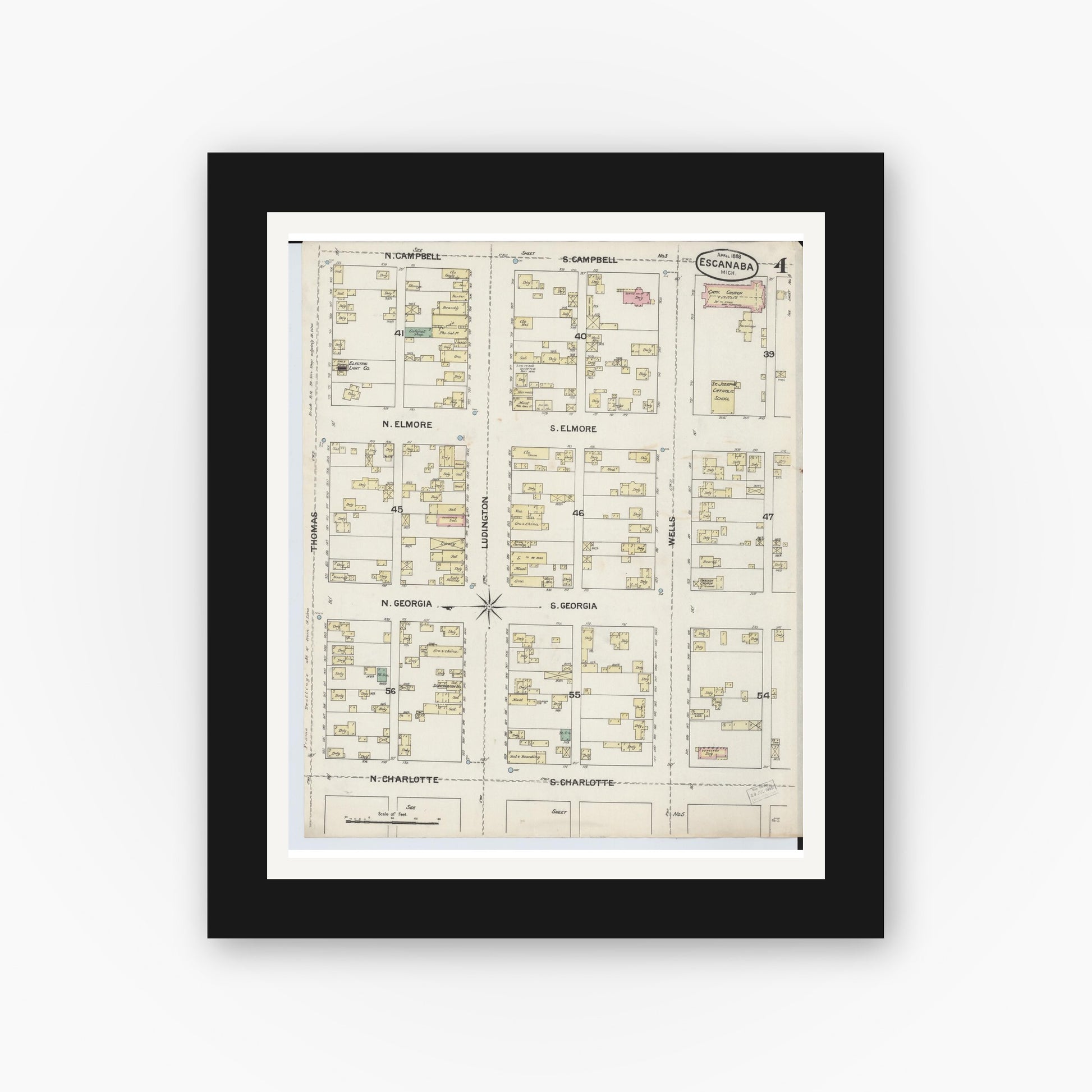 Old map wall art mockup — black gallery frame with white mat — Sanborn Fire Insurance Map from Escanaba, Delta County, Michigan (1888), Sheet #0004