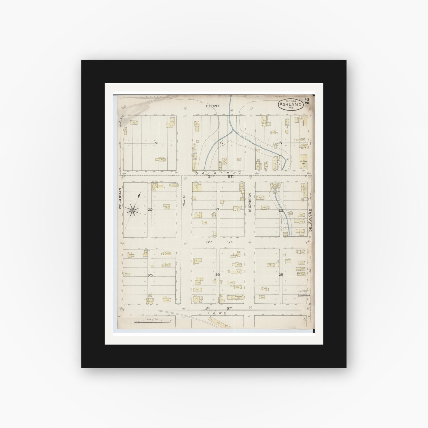 Old map wall art mockup — black gallery frame with white mat — Sanborn Fire Insurance Map from Ashland, Ashland County, Wisconsin (1886), Sheet #0002