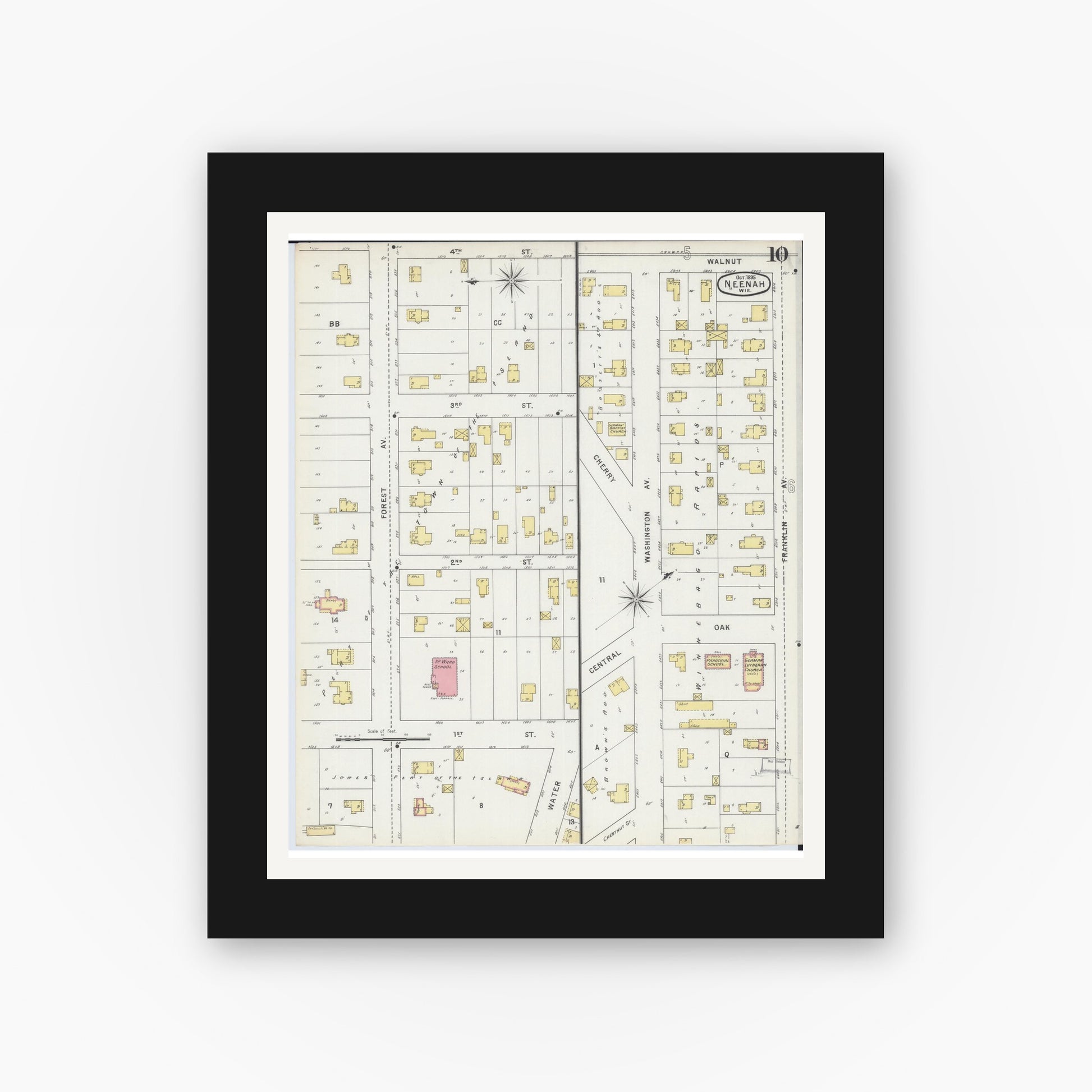Old map wall art mockup — black gallery frame with white mat — Sanborn Fire Insurance Map from Neenah, Winnebago County, Wisconsin (1895), Sheet #0010