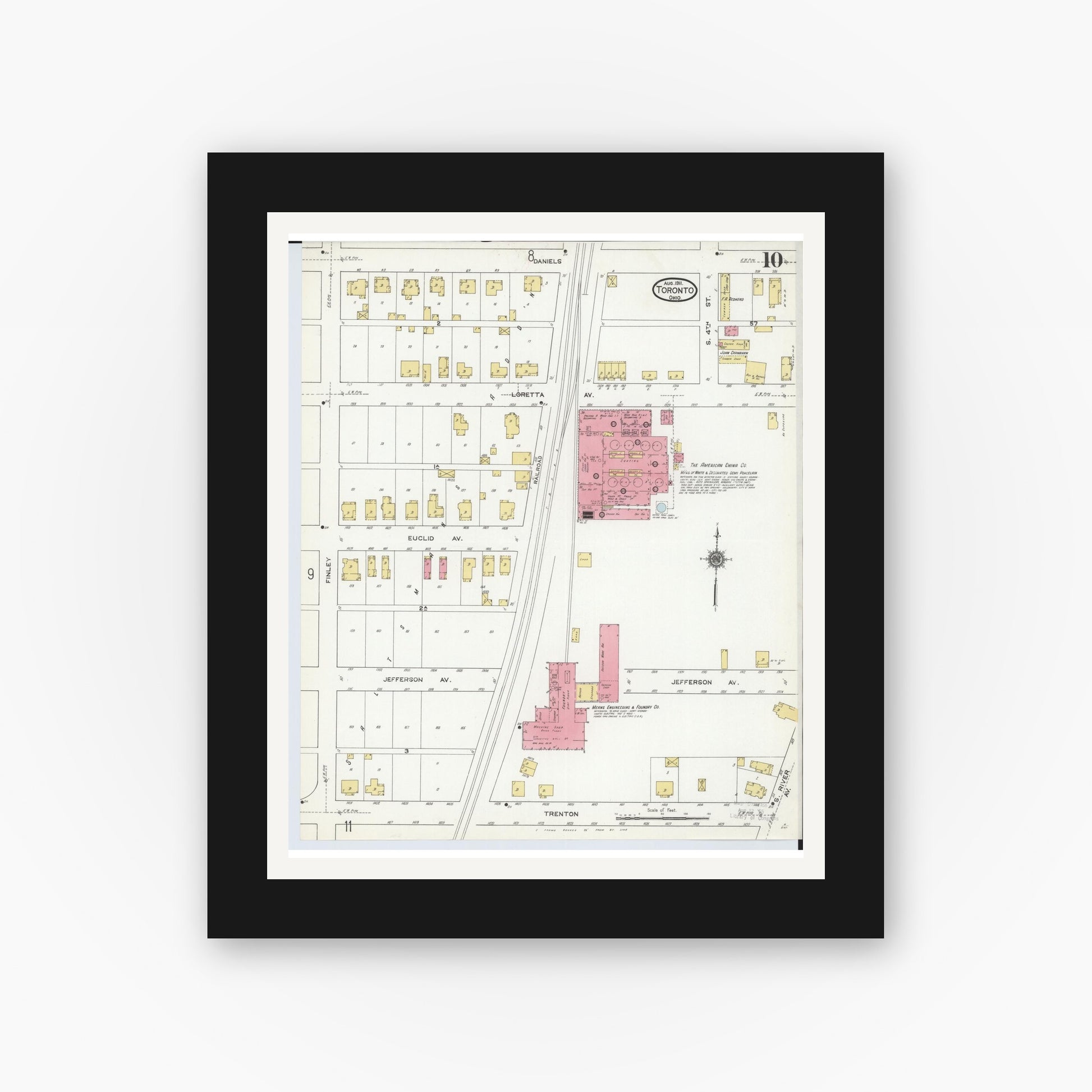 Old map wall art mockup — black gallery frame with white mat — Sanborn Fire Insurance Map from Toronto, Jefferson County, Ohio (1911), Sheet #0010