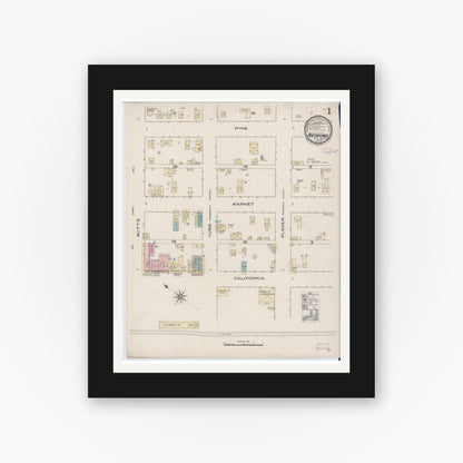 Old map wall art mockup — black gallery frame with white mat — Sanborn Fire Insurance Map from Redding, Shasta County, California (1885) - Complete Map Set