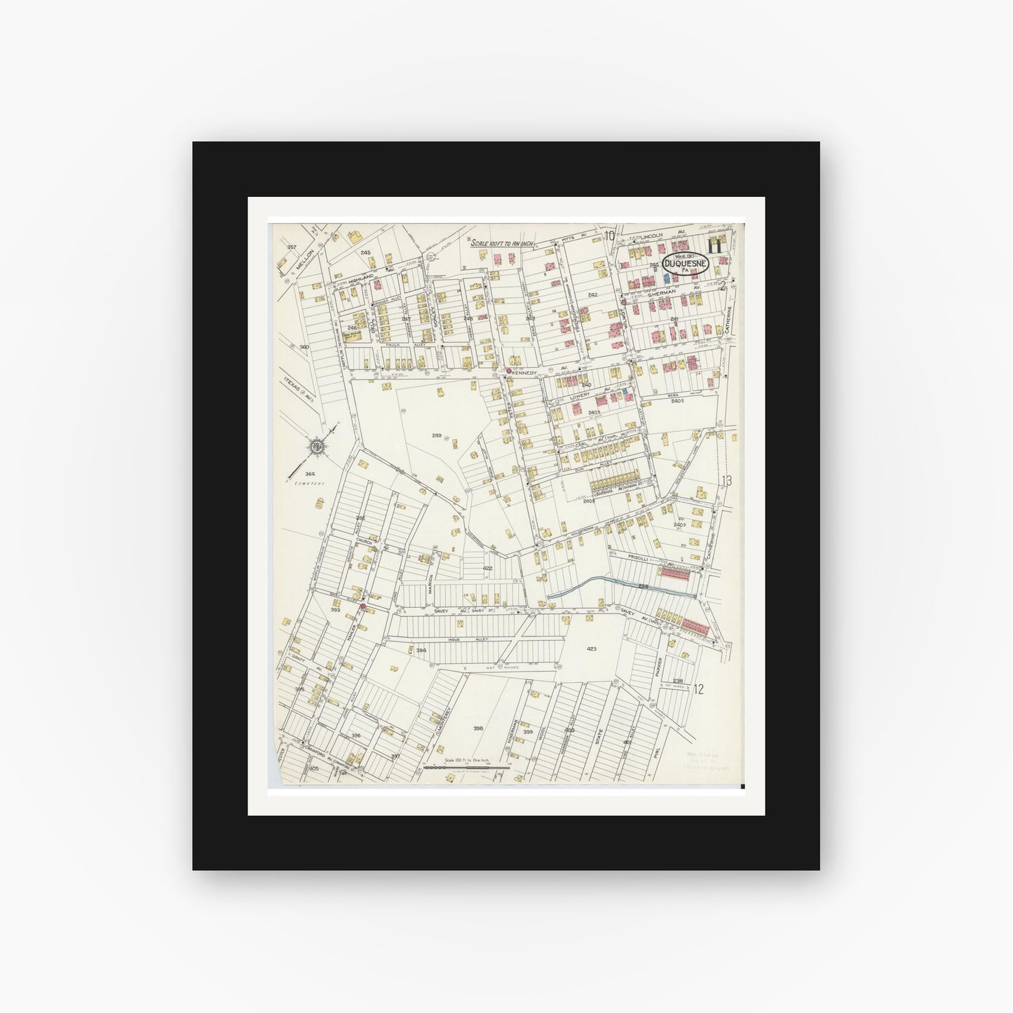 Old map wall art mockup — black gallery frame with white mat — Sanborn Fire Insurance Map from Duquesne, Allegheny County, Pennsylvania (1917), Sheet #0011