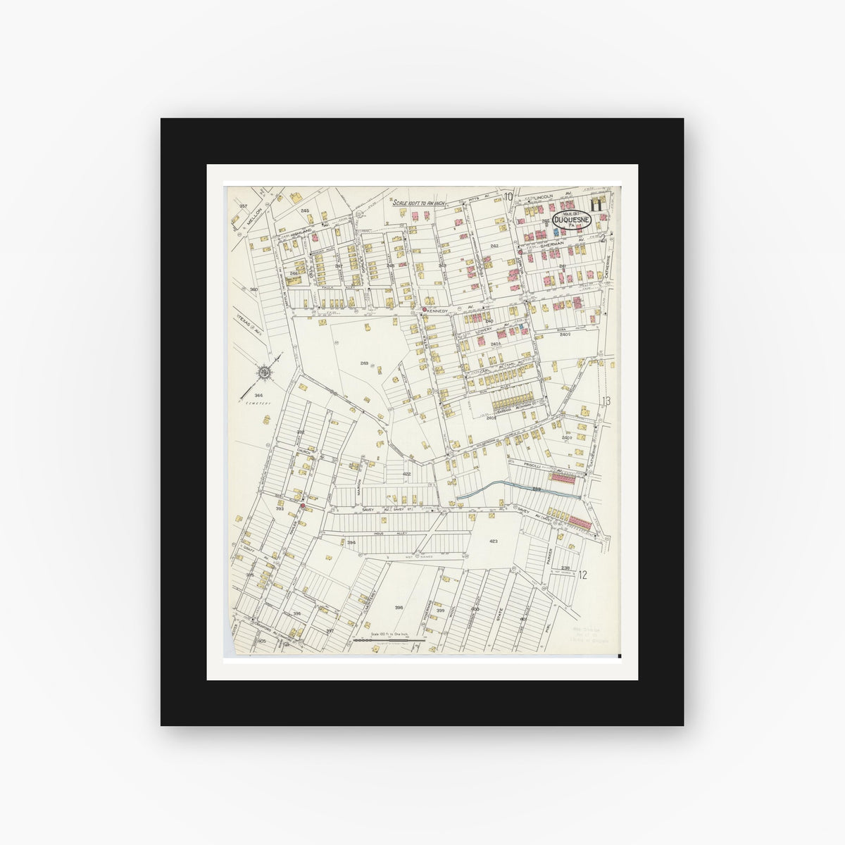 Old map wall art mockup — black gallery frame with white mat — Sanborn Fire Insurance Map from Duquesne, Allegheny County, Pennsylvania (1917), Sheet #0011