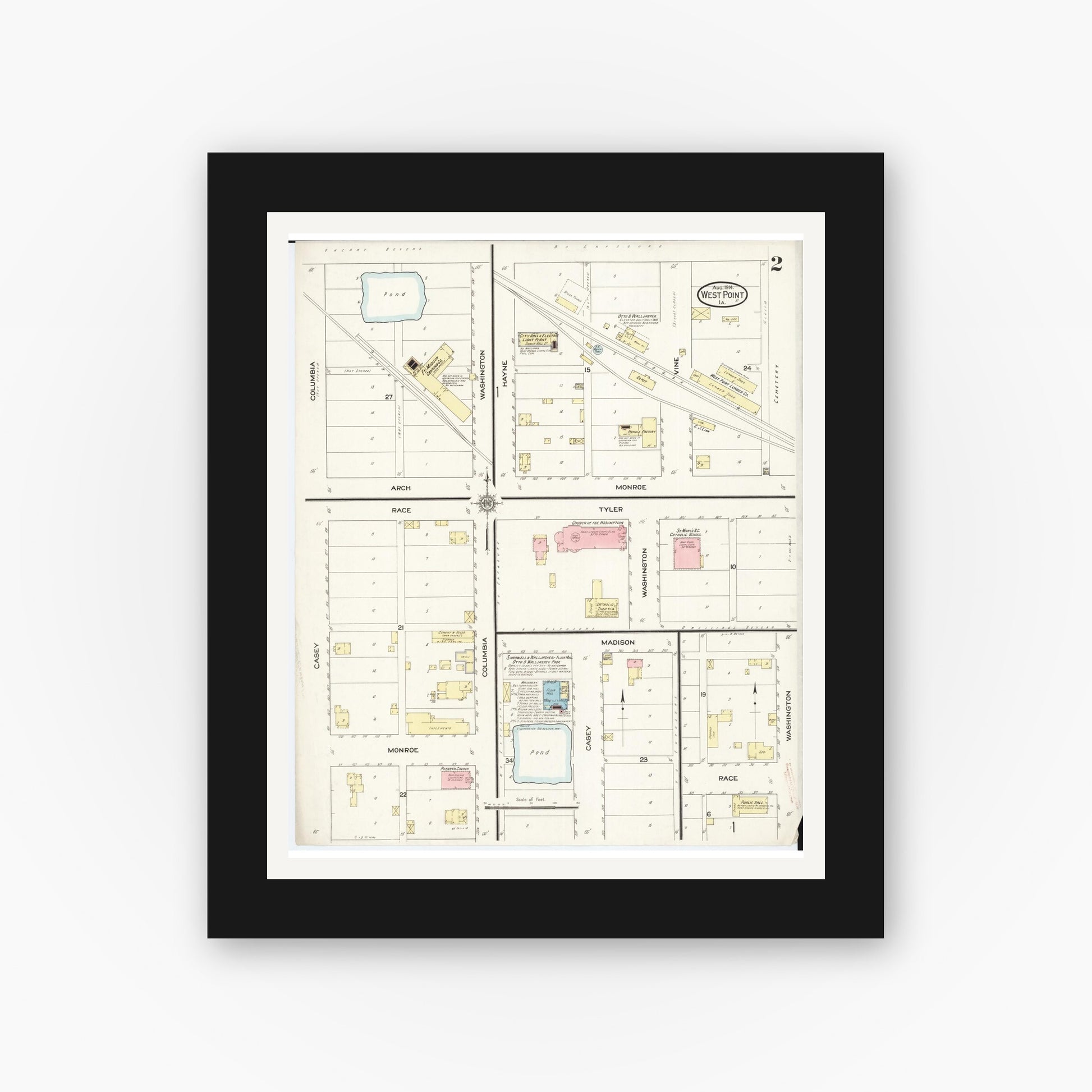 Old map wall art mockup — black gallery frame with white mat — Sanborn Fire Insurance Map from West Point, Lee County, Iowa (1914), Sheet #0002
