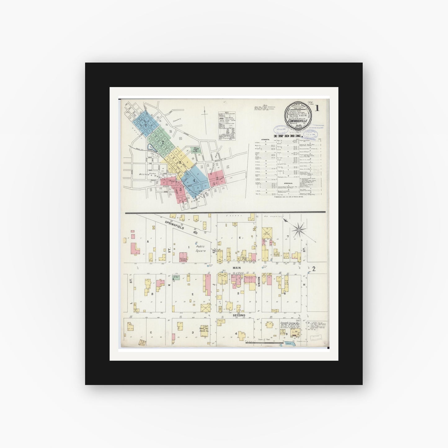 Old map wall art mockup — black gallery frame with white mat — Sanborn Fire Insurance Map from Edwardsville, Madison County, Illinois (1897) - Complete Map Set