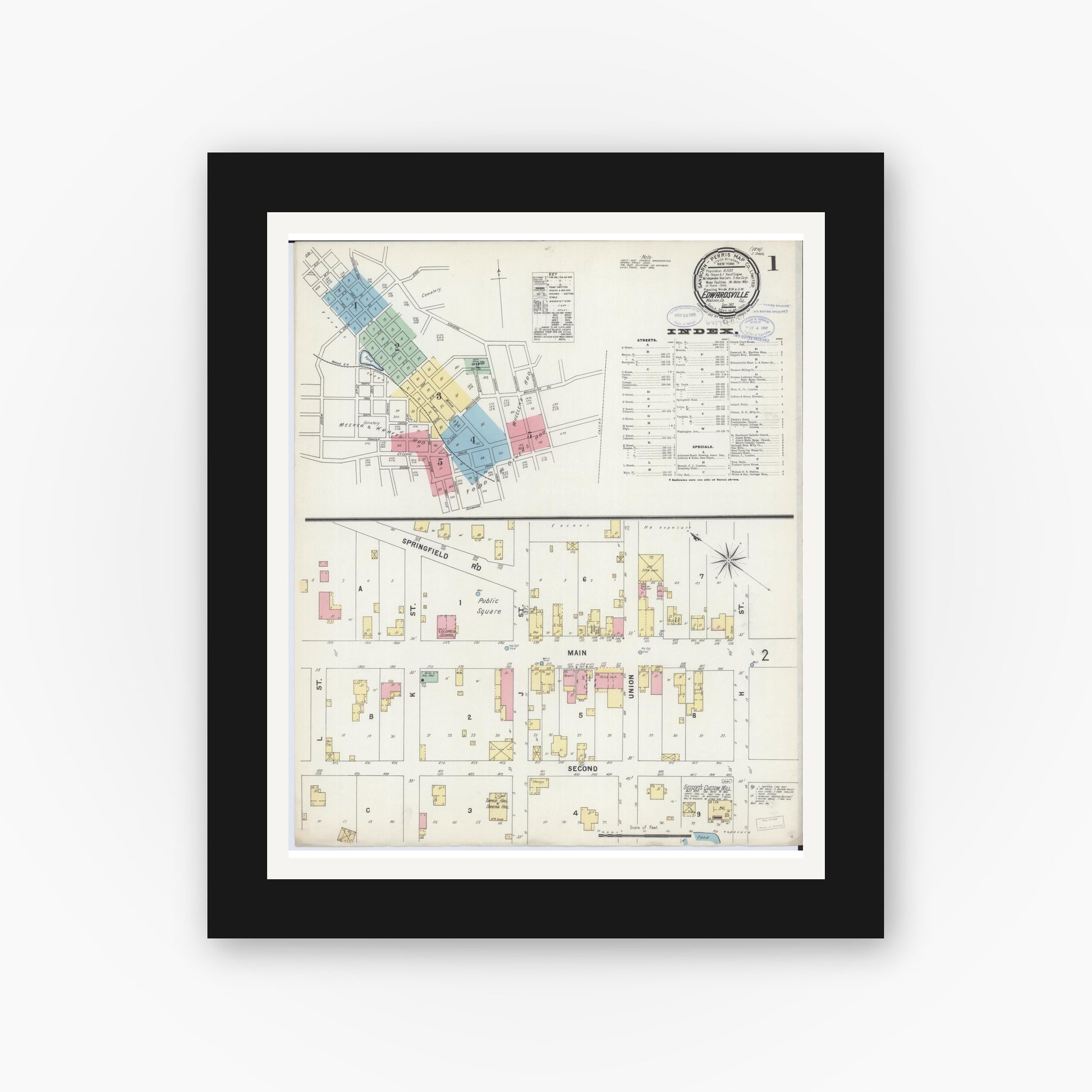 Old map wall art mockup — black gallery frame with white mat — Sanborn Fire Insurance Map from Edwardsville, Madison County, Illinois (1897) - Complete Map Set