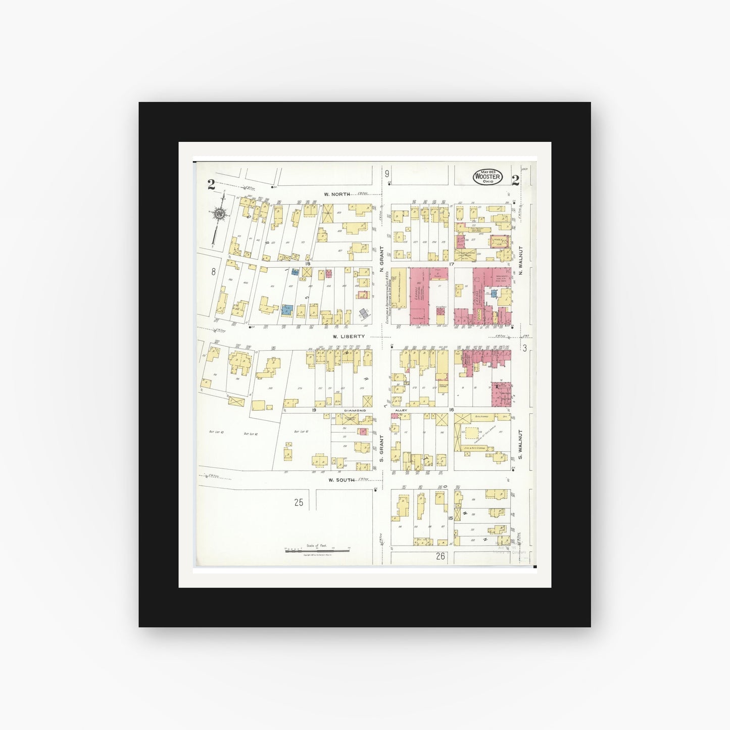 Old map wall art mockup — black gallery frame with white mat — Sanborn Fire Insurance Map from Wooster, Wayne County, Ohio (1923), Sheet #0002