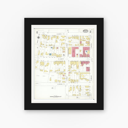 Old map wall art mockup — black gallery frame with white mat — Sanborn Fire Insurance Map from Wooster, Wayne County, Ohio (1923), Sheet #0002