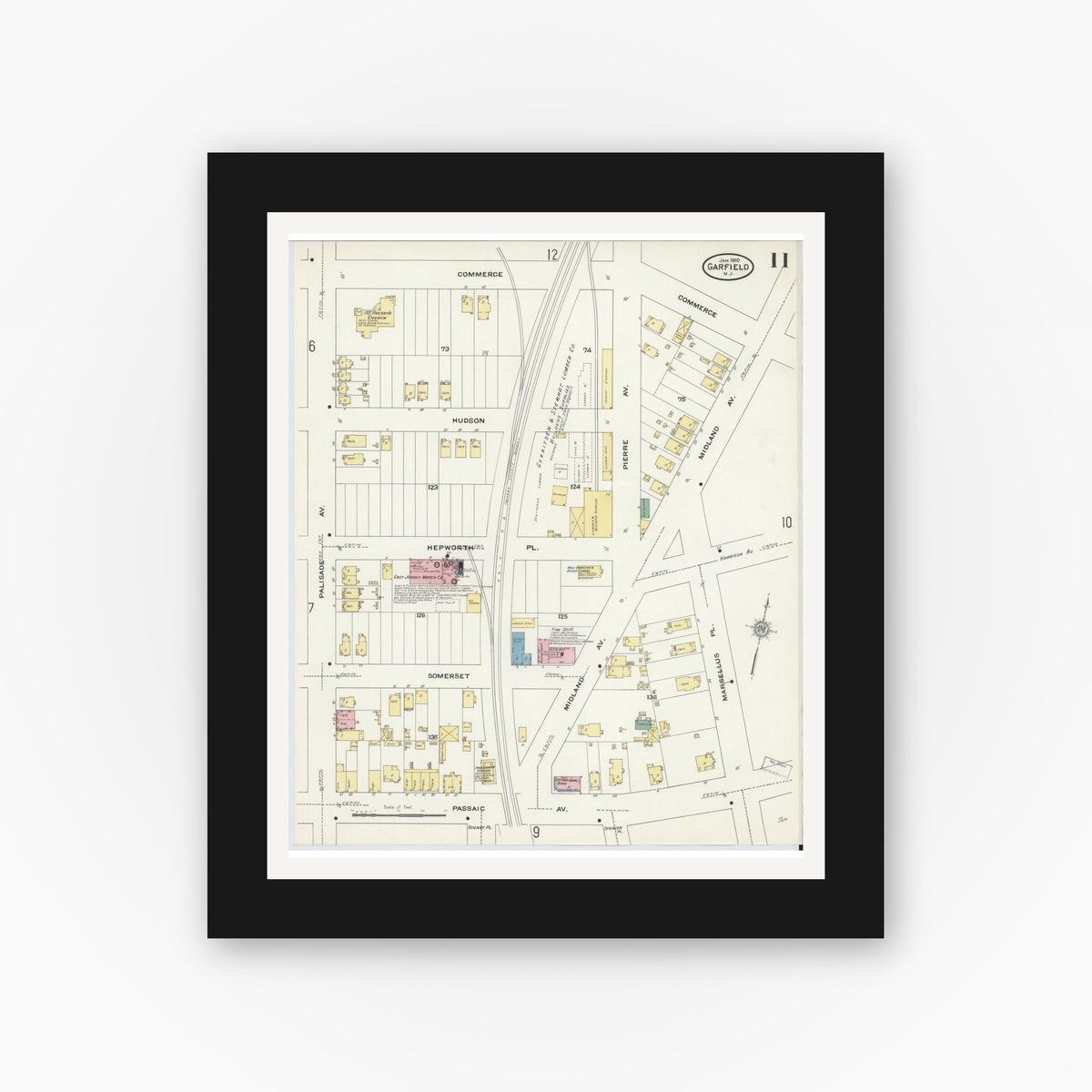 Old map wall art mockup — black gallery frame with white mat — Sanborn Fire Insurance Map from Garfield, Bergen County, New Jersey (1910), Sheet #0011