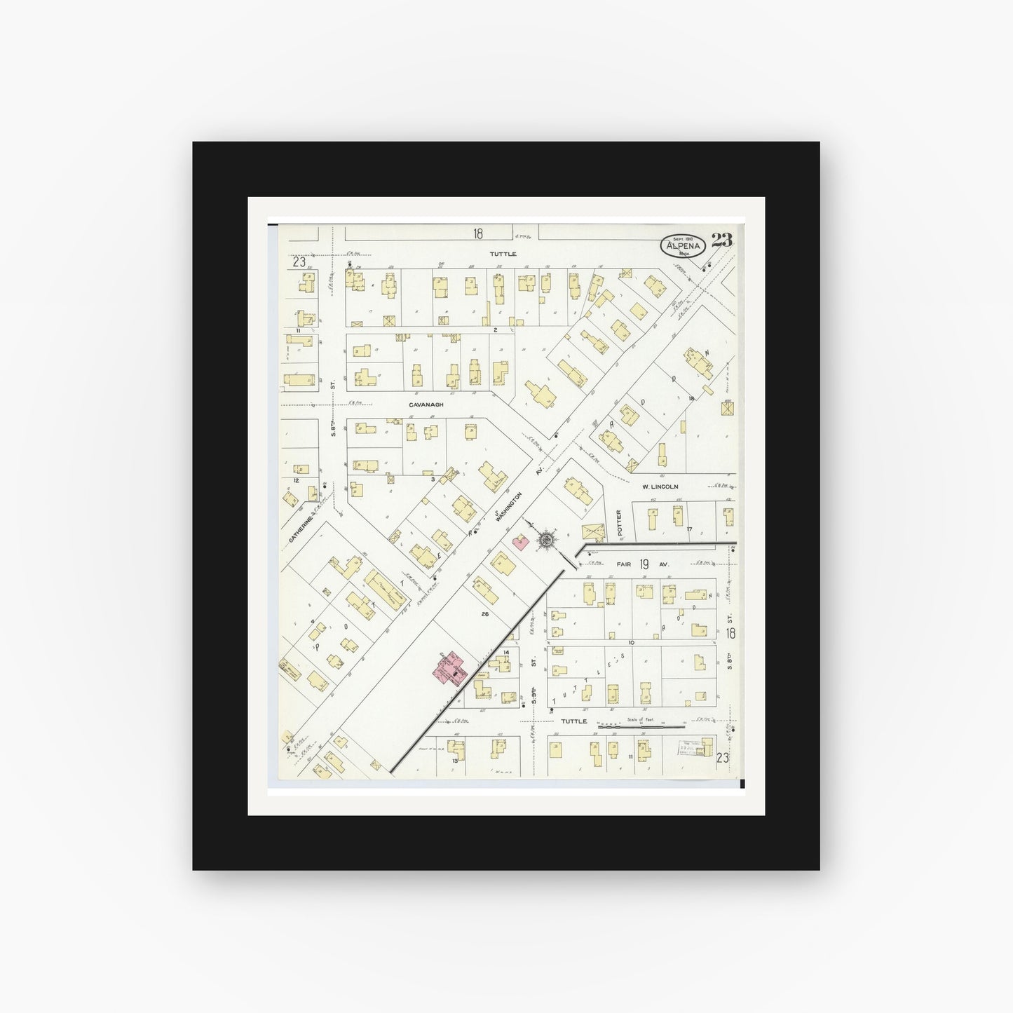 Old map wall art mockup — black gallery frame with white mat — Sanborn Fire Insurance Map from Alpena, Alpena County, Michigan (1910), Sheet #0023