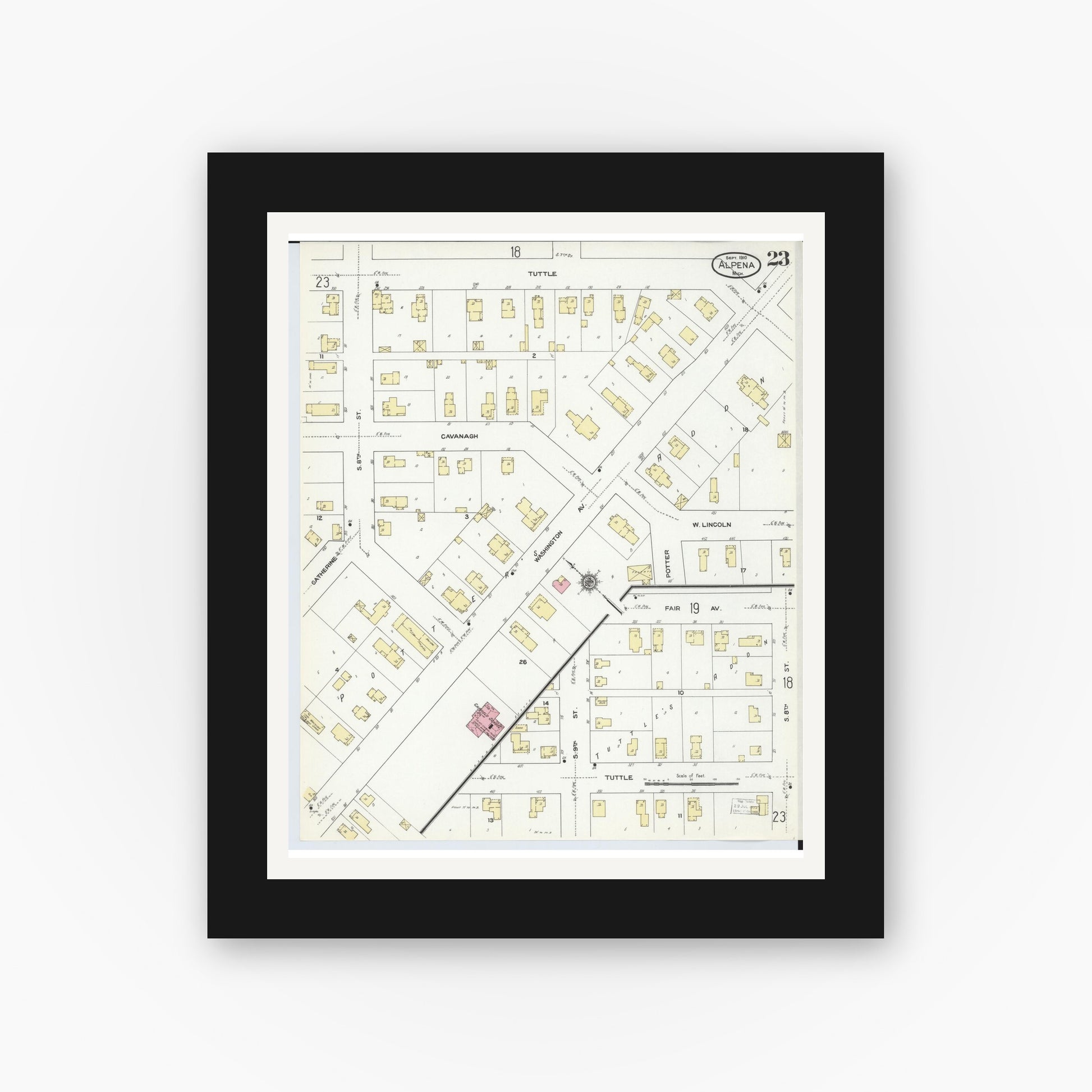 Old map wall art mockup — black gallery frame with white mat — Sanborn Fire Insurance Map from Alpena, Alpena County, Michigan (1910), Sheet #0023