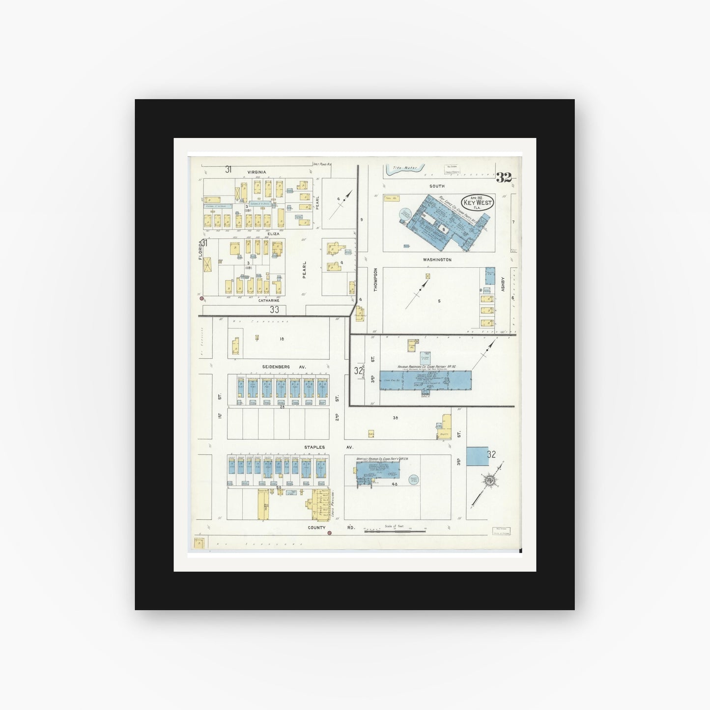 Old map wall art mockup — black gallery frame with white mat — Sanborn Fire Insurance Map from Key West, Monroe County, Florida (1912), Sheet #0032