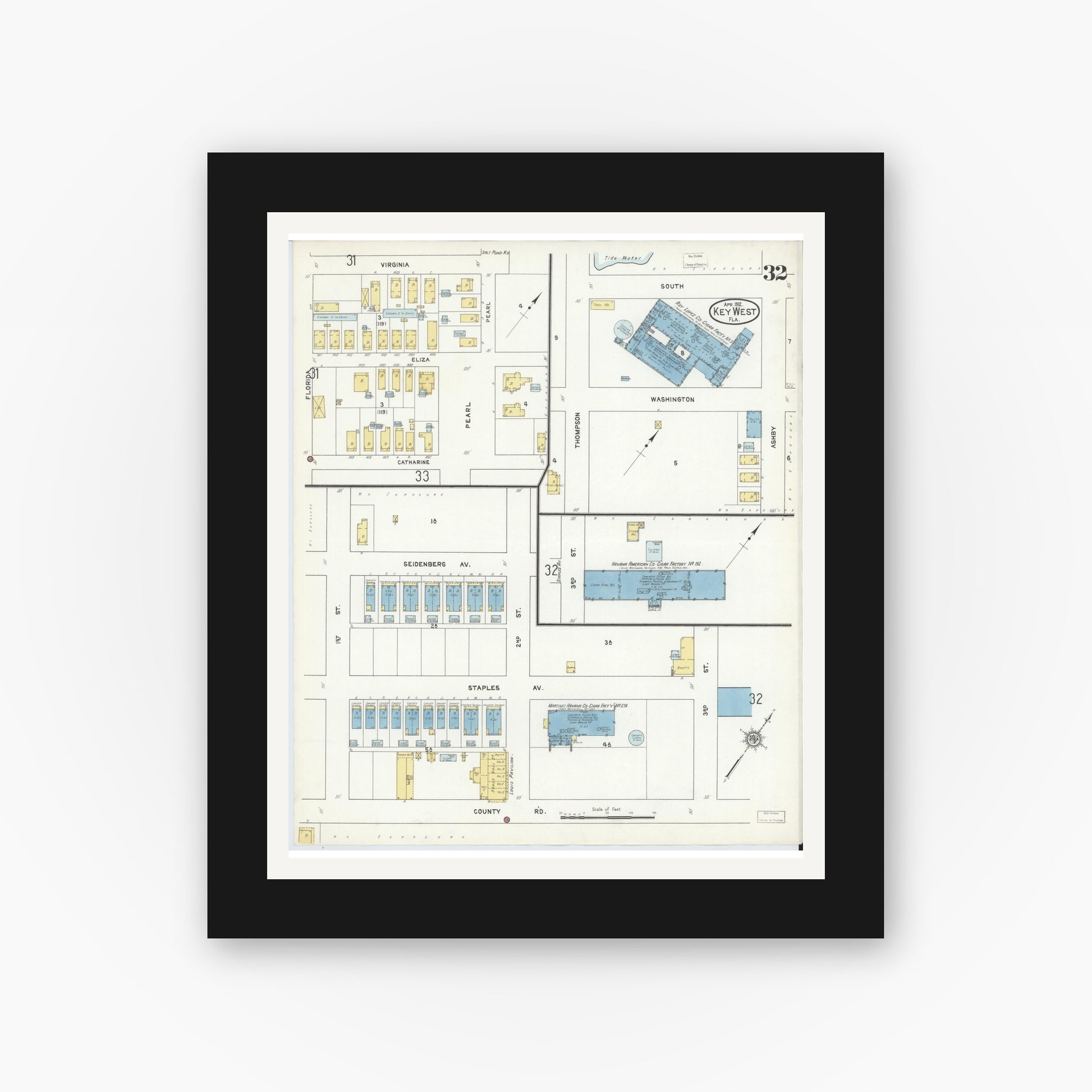 Old map wall art mockup — black gallery frame with white mat — Sanborn Fire Insurance Map from Key West, Monroe County, Florida (1912), Sheet #0032