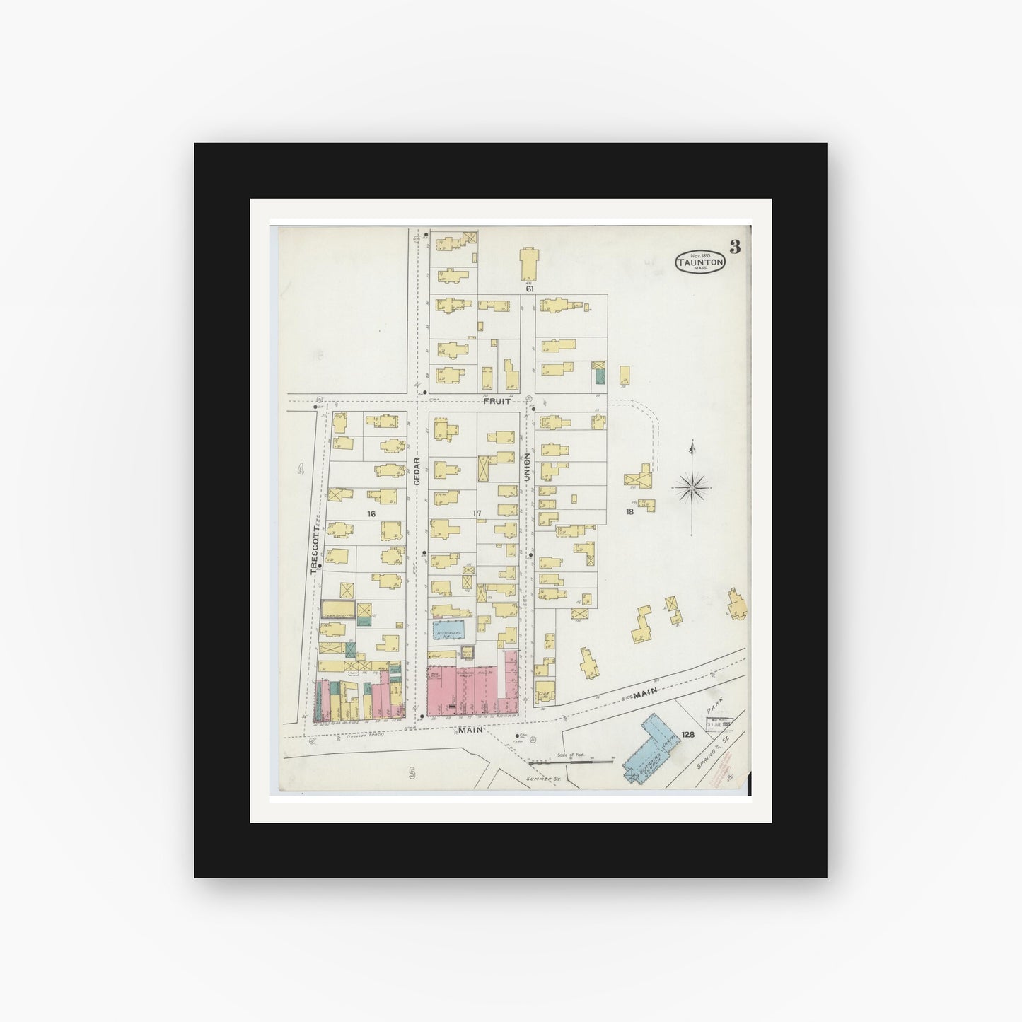 Old map wall art mockup — black gallery frame with white mat — Sanborn Fire Insurance Map from Taunton, Bristol County, Massachusetts (1893), Sheet #0003