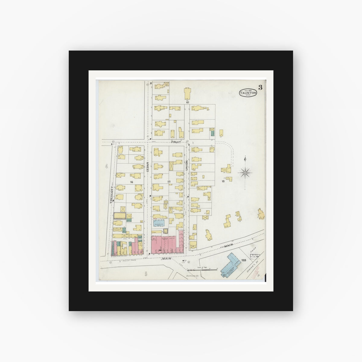 Old map wall art mockup — black gallery frame with white mat — Sanborn Fire Insurance Map from Taunton, Bristol County, Massachusetts (1893), Sheet #0003
