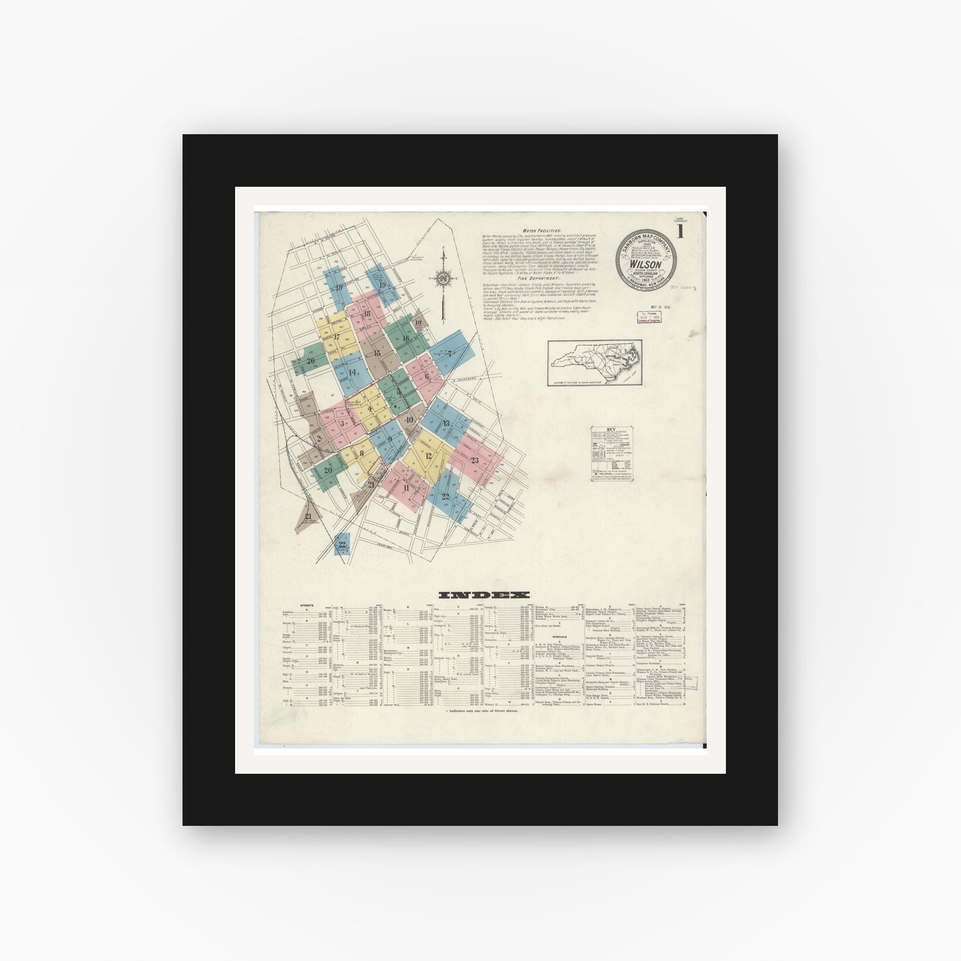 Old map wall art mockup — black gallery frame with white mat — Sanborn Fire Insurance Map from Wilson, Wilson County, North Carolina (1913) - Complete Map Set