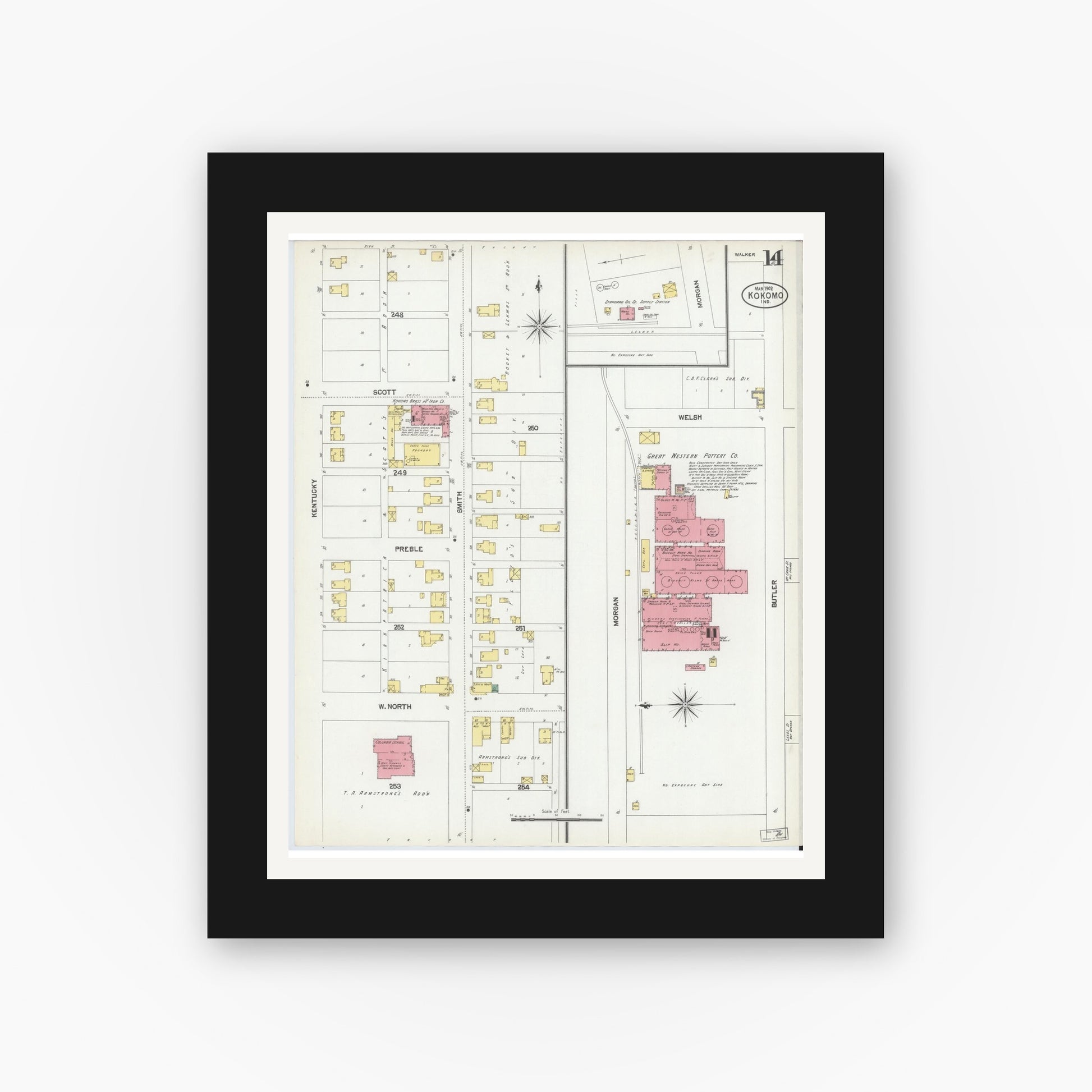Old map wall art mockup — black gallery frame with white mat — Sanborn Fire Insurance Map from Kokomo, Howard County, Indiana (1902), Sheet #0014