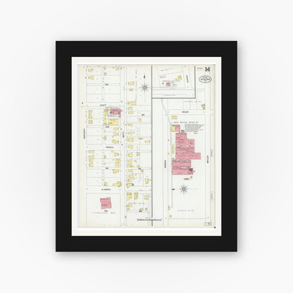 Old map wall art mockup — black gallery frame with white mat — Sanborn Fire Insurance Map from Kokomo, Howard County, Indiana (1902), Sheet #0014