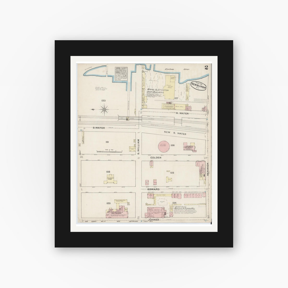 Old map wall art mockup — black gallery frame with white mat — Sanborn Fire Insurance Map from Newburgh, Orange County, New York (1884), Sheet #0002