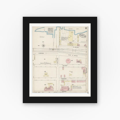 Old map wall art mockup — black gallery frame with white mat — Sanborn Fire Insurance Map from Newburgh, Orange County, New York (1884), Sheet #0002