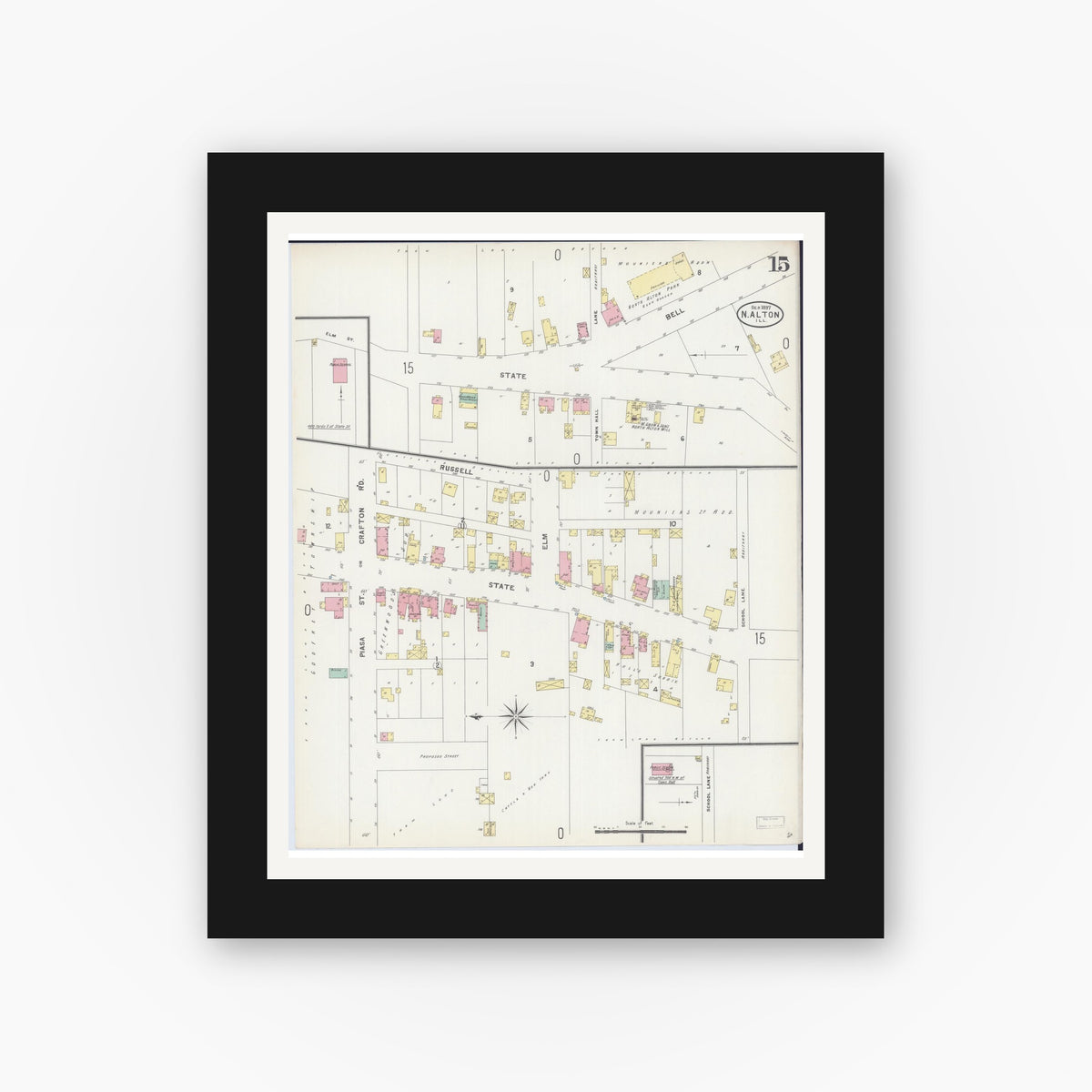 Old map wall art mockup — black gallery frame with white mat — Sanborn Fire Insurance Map from Alton, Madison County, Illinois (1897), Sheet #0015