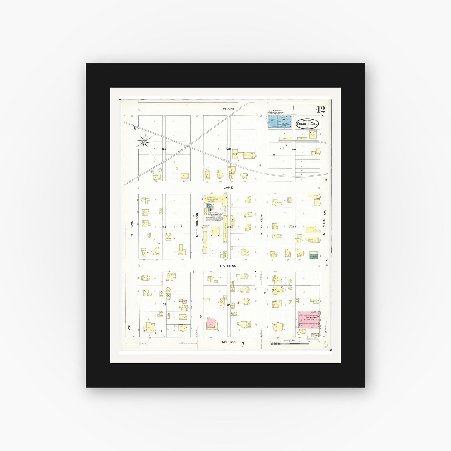 Old map wall art mockup — black gallery frame with white mat — Sanborn Fire Insurance Map from Charles City, Floyd County, Iowa (1909), Sheet #0012