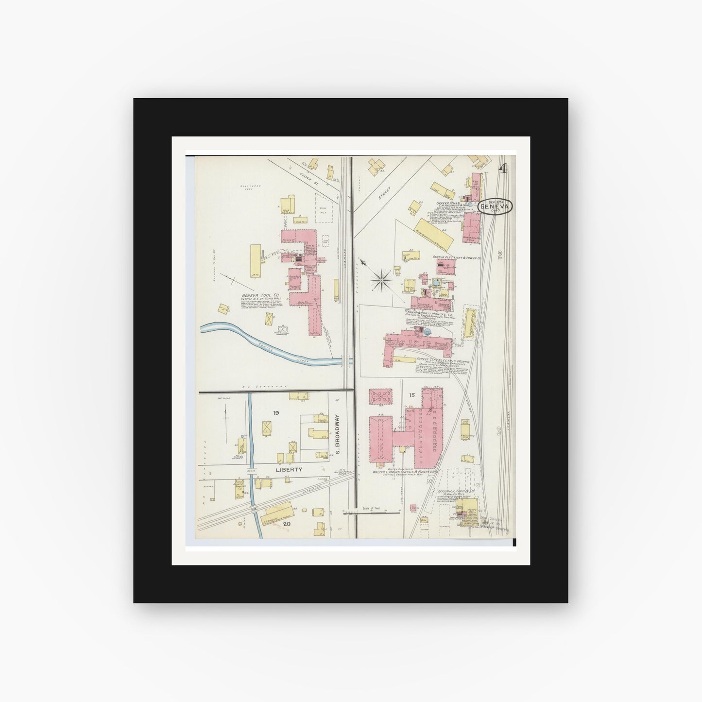 Old map wall art mockup — black gallery frame with white mat — Sanborn Fire Insurance Map from Geneva, Ashtabula County, Ohio (1893), Sheet #0004