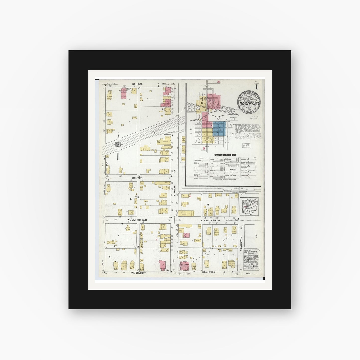 Old map wall art mockup — black gallery frame with white mat — Sanborn Fire Insurance Map from Bradford, Darke and Miami Counties, Ohio (1920) - Complete Map Set