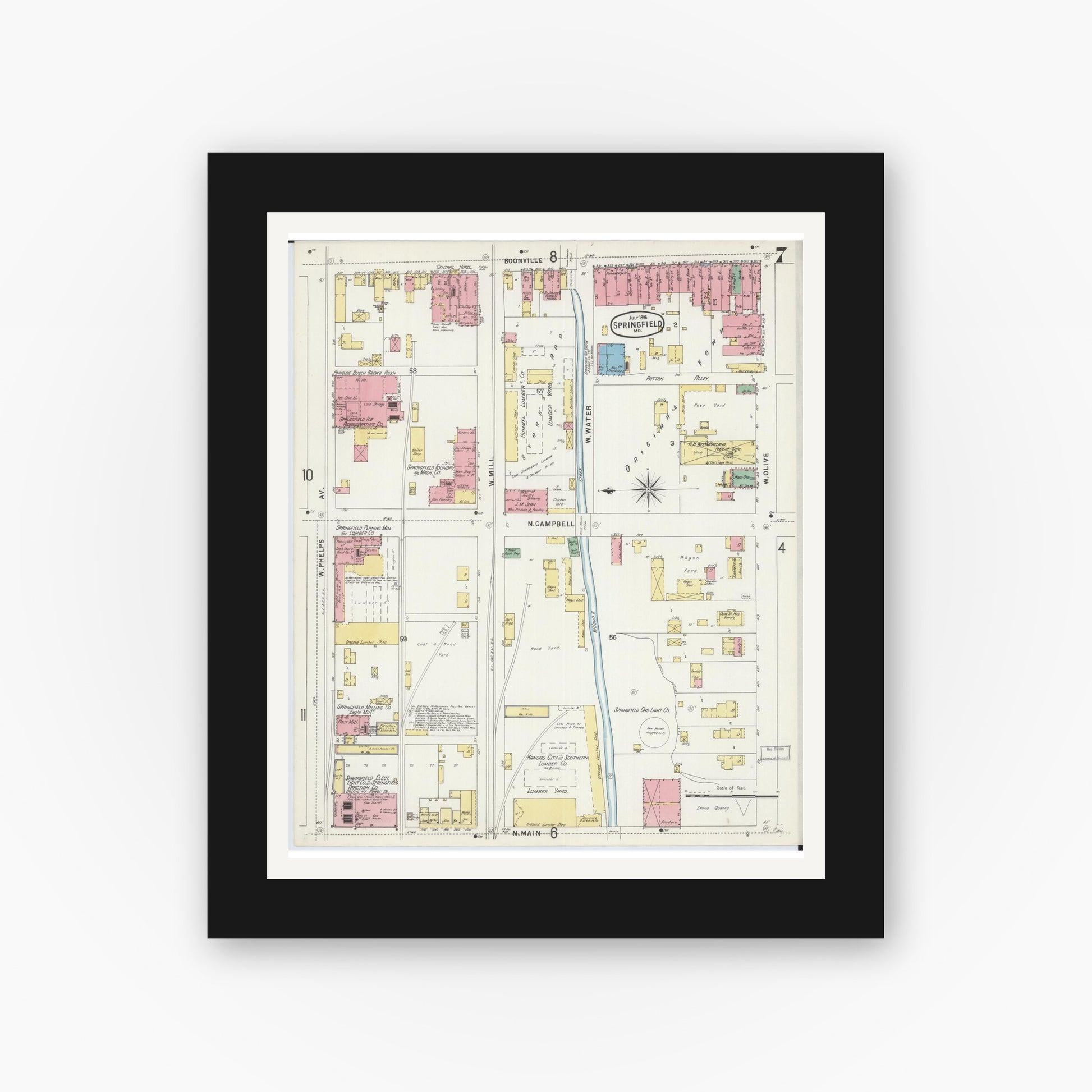 Old map wall art mockup — black gallery frame with white mat — Sanborn Fire Insurance Map from Springfield, Greene County, Missouri (1896), Sheet #0007